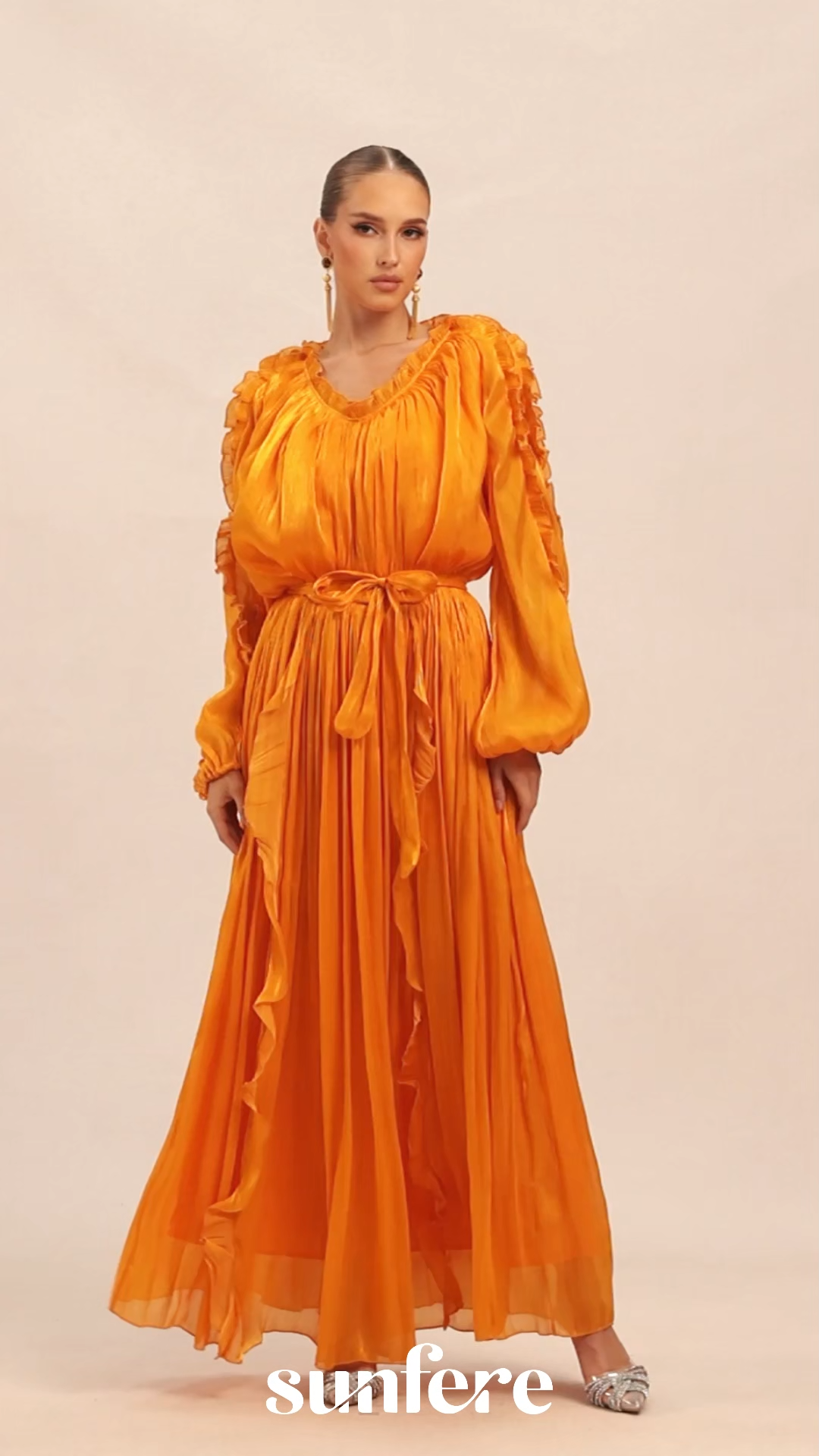 Attractive Radiance Orange V-Neck Ruffled Maxi Dress