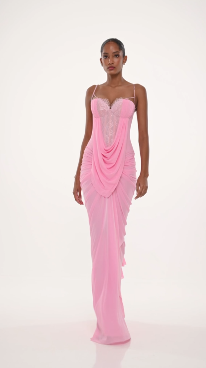 Brilliant Belle Pink Cowl Front Lace Corset Maxi Dress