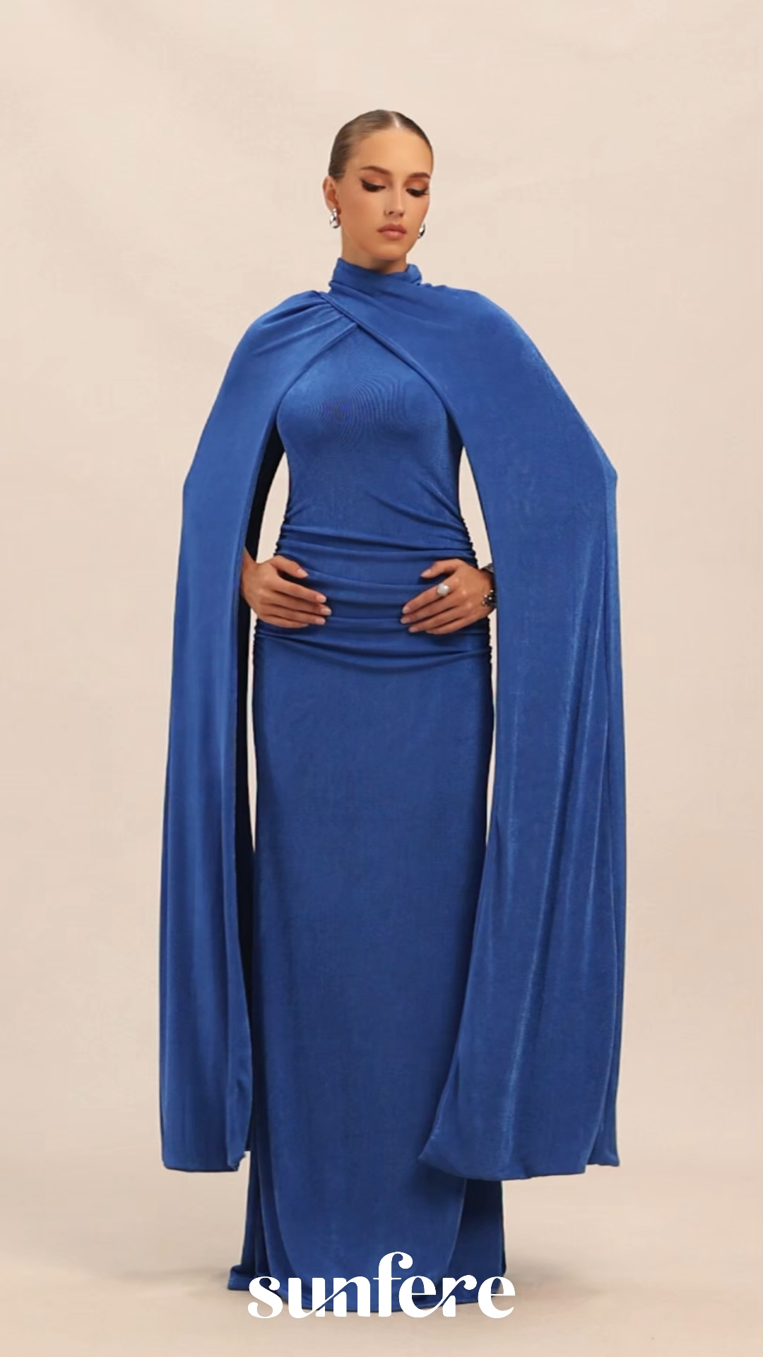 Dramatic Stunner Blue Cape Sleeve Maxi Dress