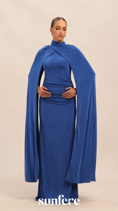 Dramatic Stunner Blue Cape Sleeve Maxi Dress