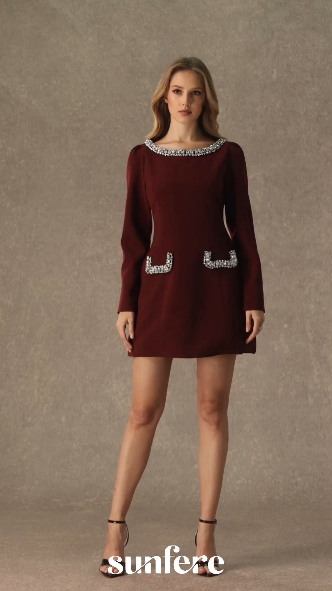 Eloquent Drama Burgundy Crystal Embellished Mini Dress