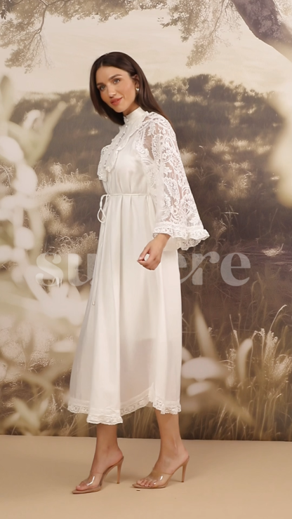 Helena Mock Neck Sheer Lace Midi Dress