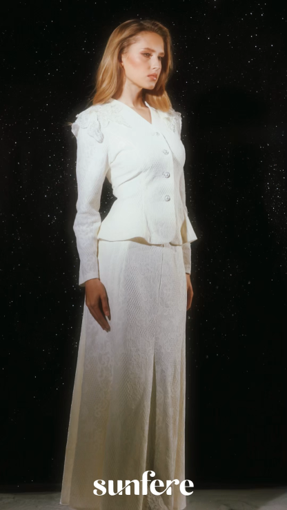 Romance Dreamer White V-Neck Embroidered Lace Jacket & Skirt Set