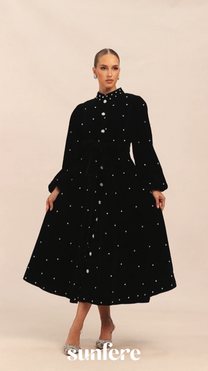 Luxe Possibilities Black Crystal Embellished Velvet Midi Dress