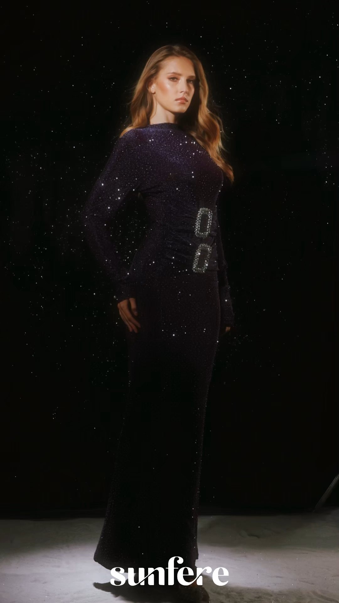 Chic Nightfall Purple Crystal Buckle Maxi Dress