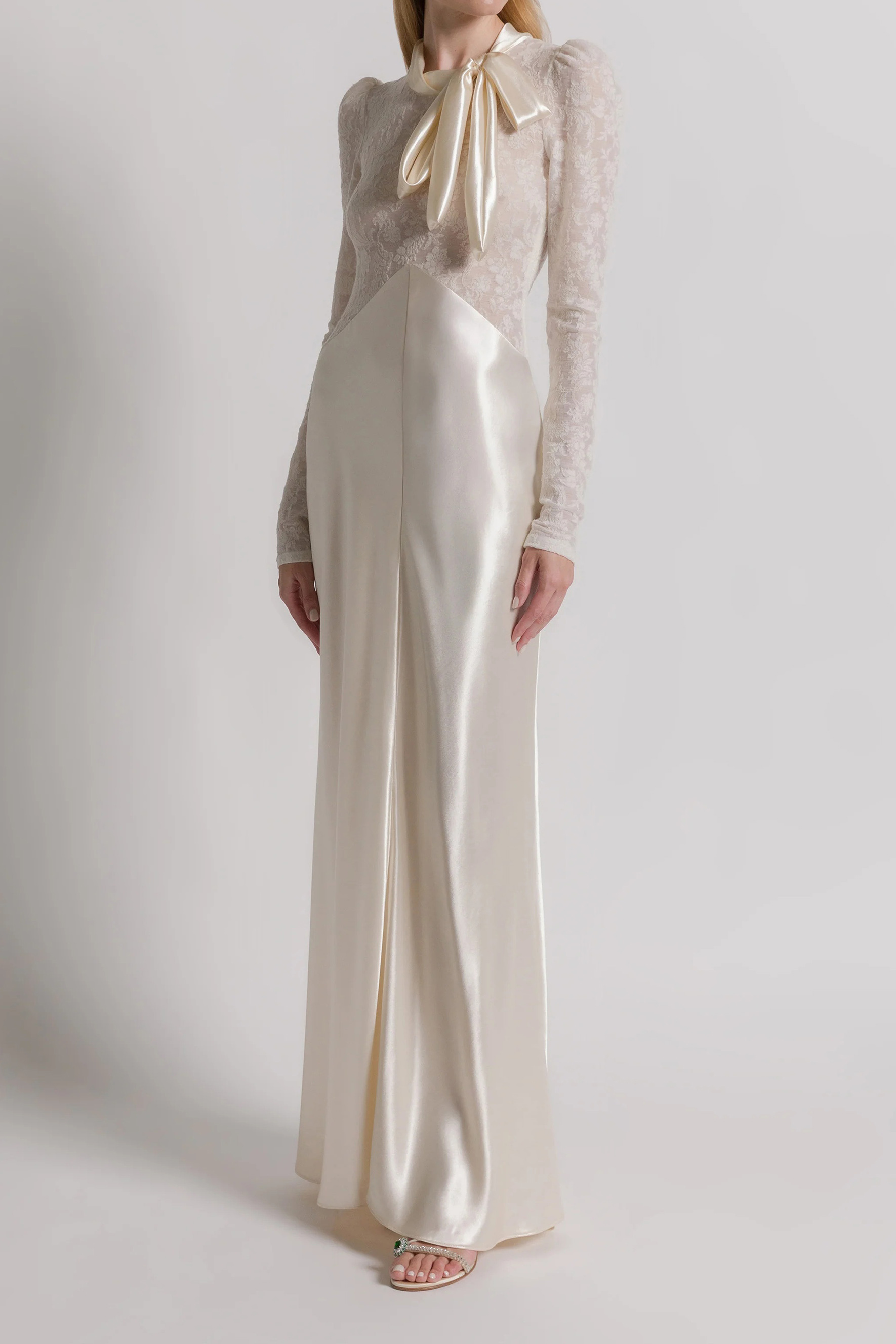 Bragging Rights White Bow Neck Lace Bodice Maxi Dress