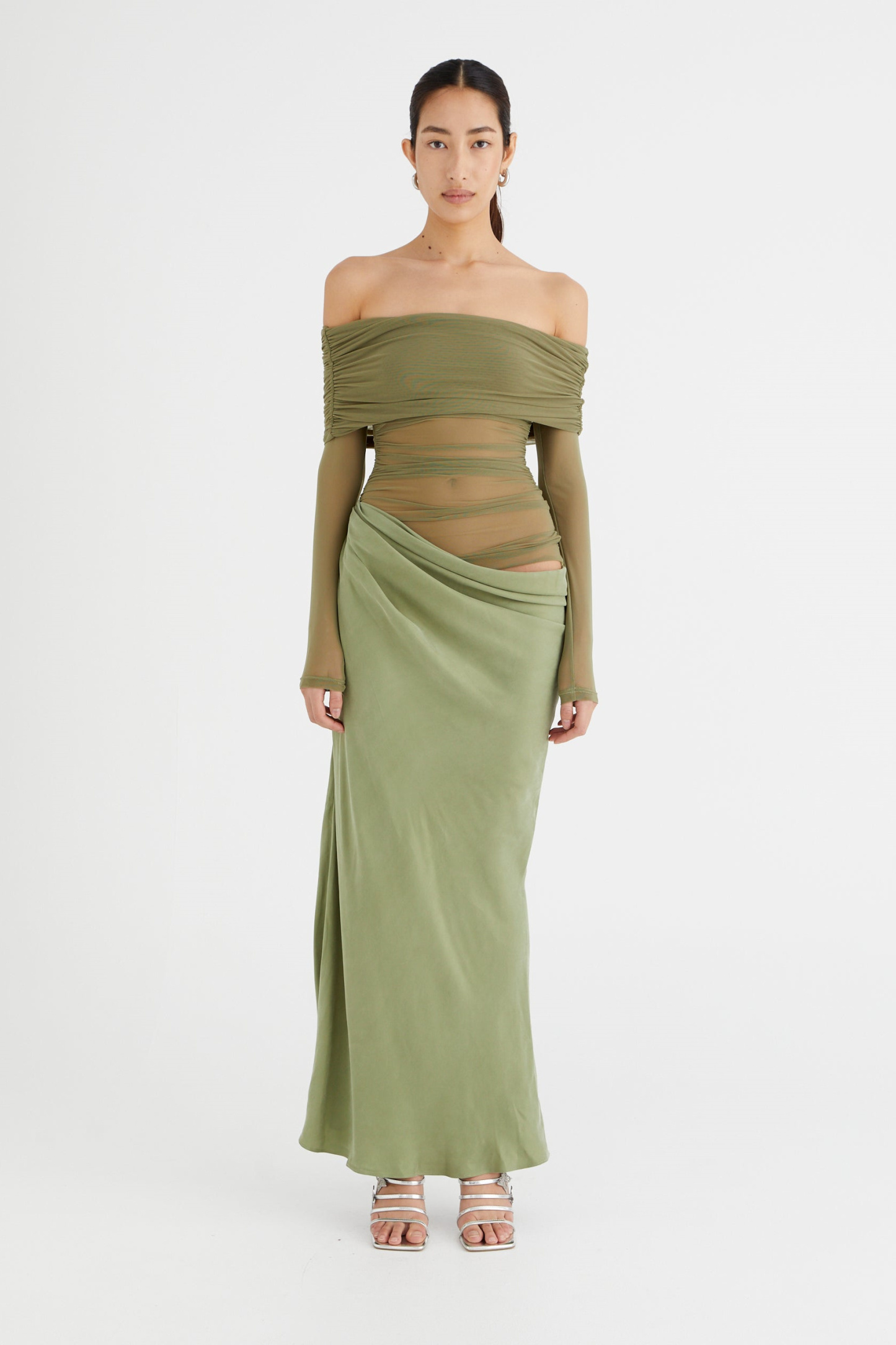 Lillian Off Shoulder Sheer Maxi Mesh Dress-Sunfere