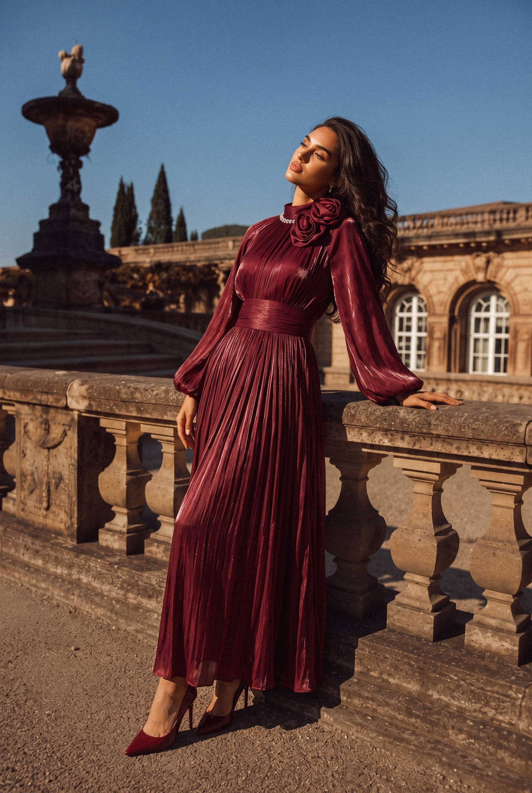 Beautiful Night Burgundy Pearl Collared Pleated Maxi Dress