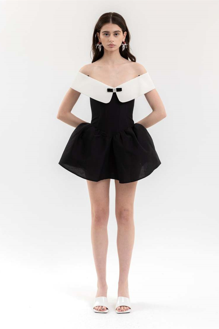 Antonia Off Shoulder Diamante Bow Mini Dress-Sunfere