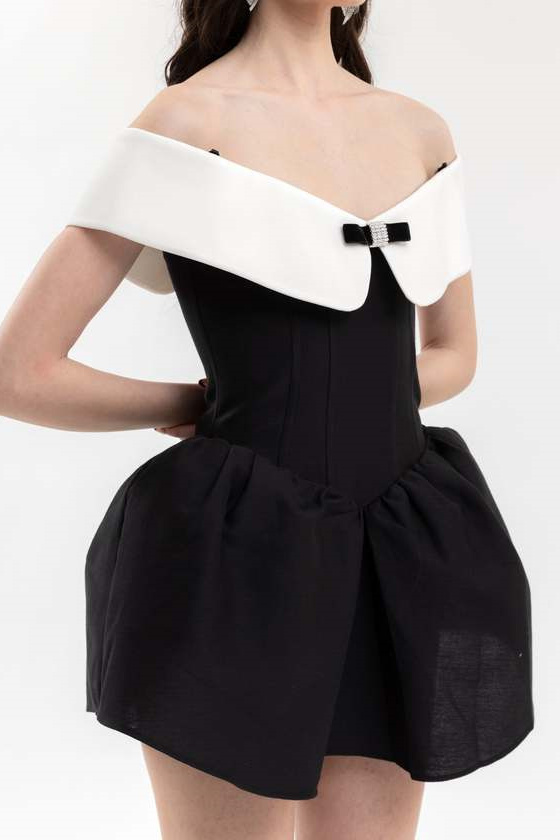 Antonia Off Shoulder Diamante Bow Mini Dress-Sunfere