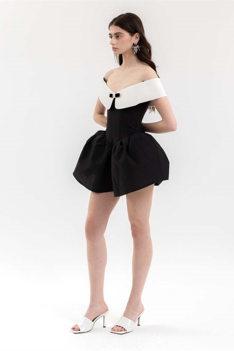 Antonia Off Shoulder Diamante Bow Mini Dress-Sunfere
