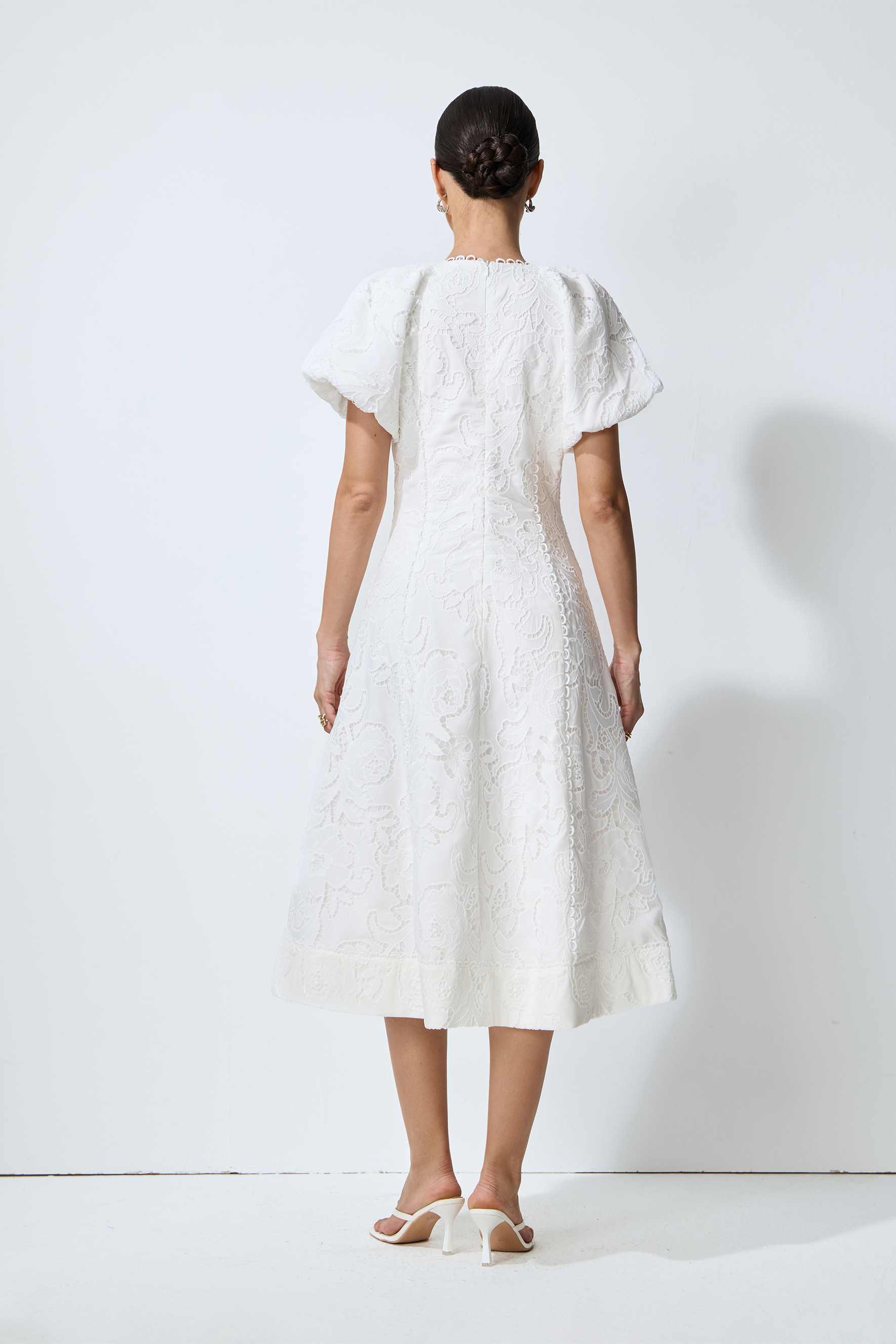 So Perfectly You White Lace Embroidery Puff Sleeve Midi Dress