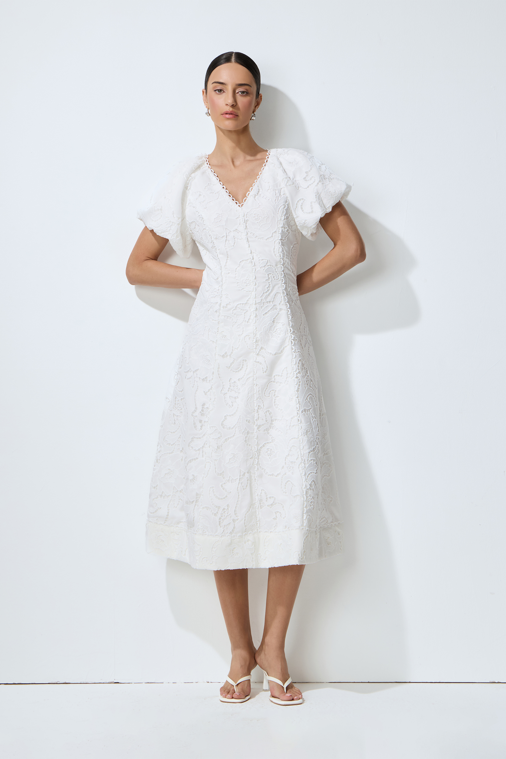 So Perfectly You White Lace Embroidery Puff Sleeve Midi Dress