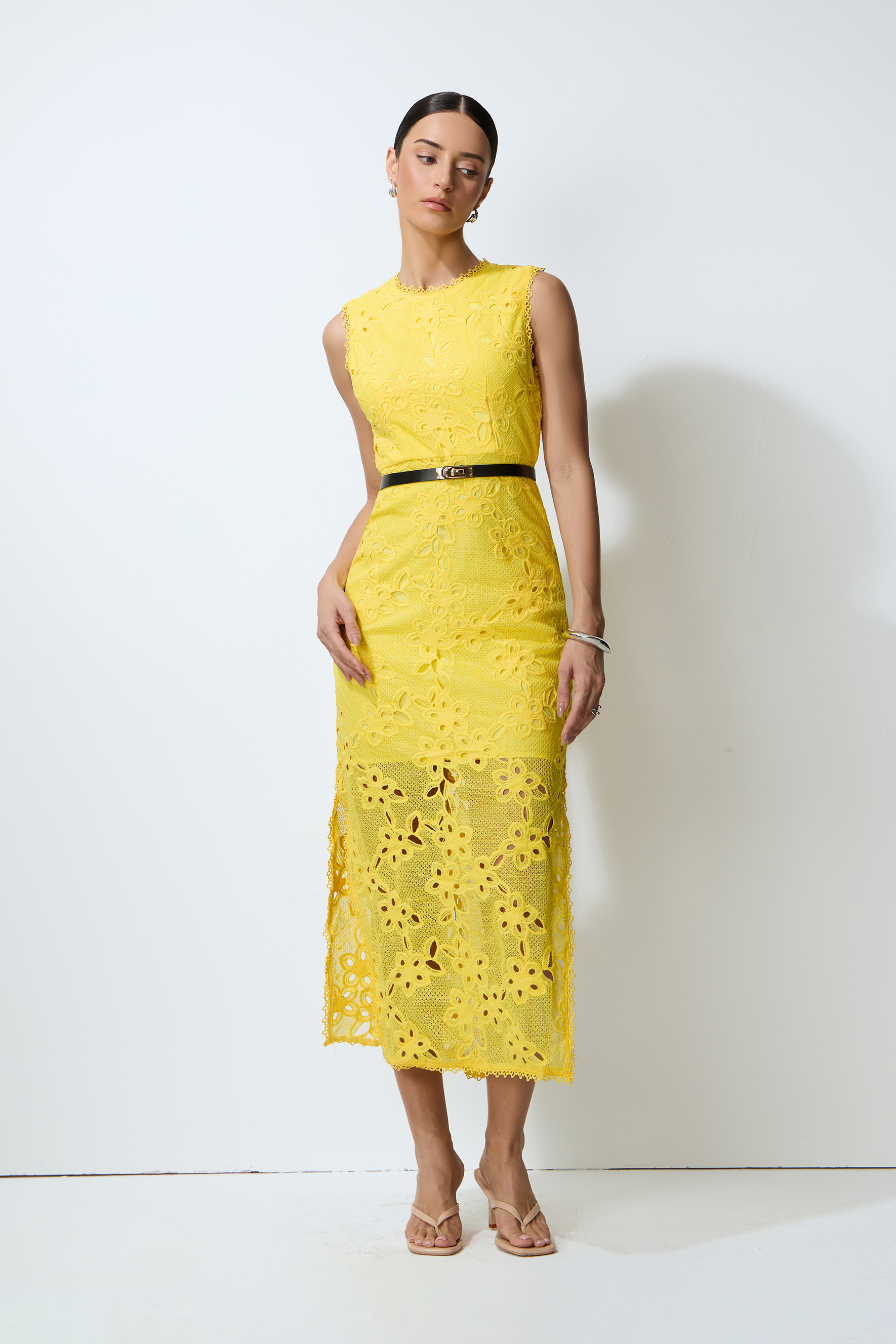 Warm Stillness Yellow Sleeveless Floral Lace Midi Dress