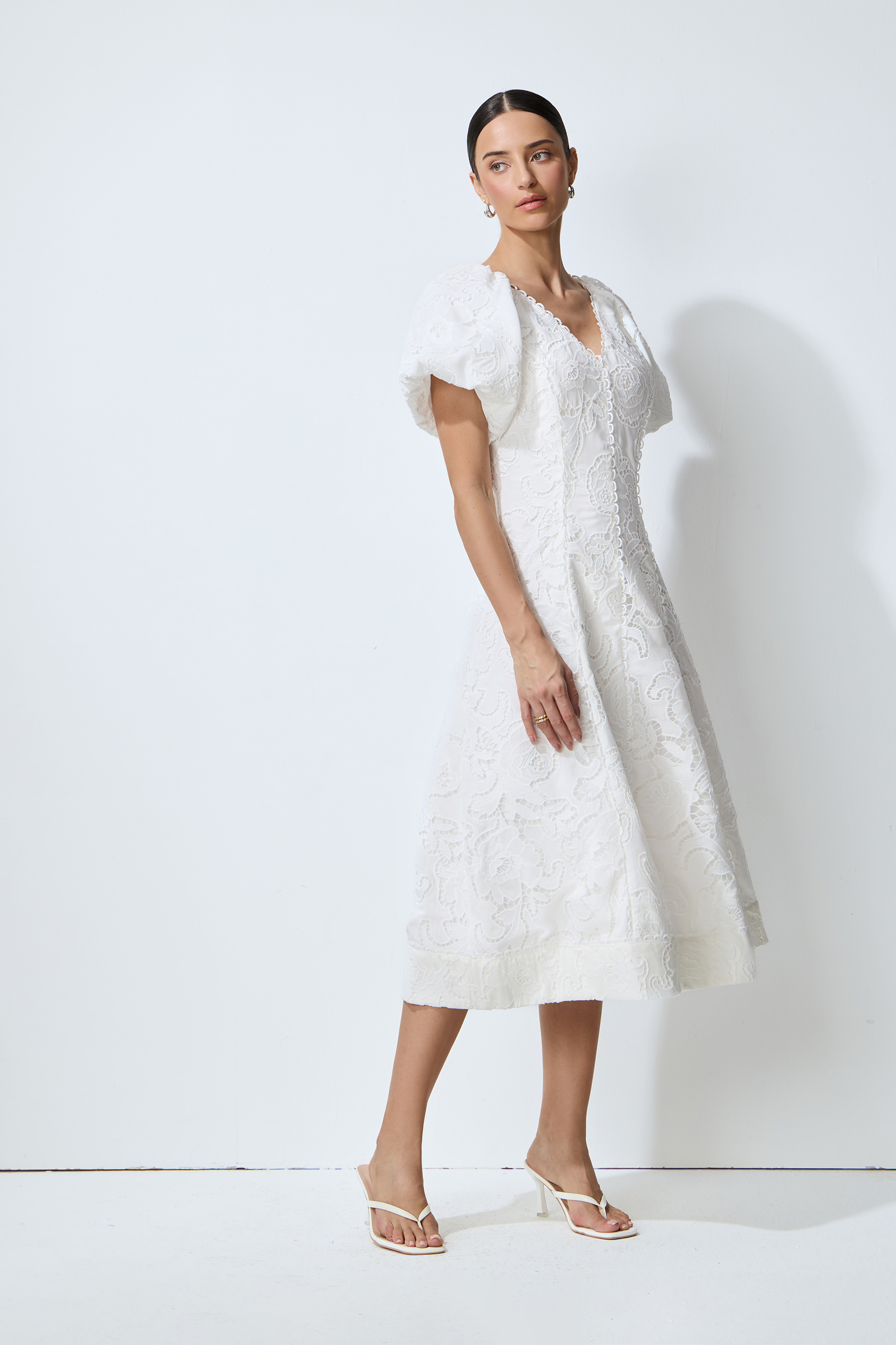 So Perfectly You White Lace Embroidery Puff Sleeve Midi Dress