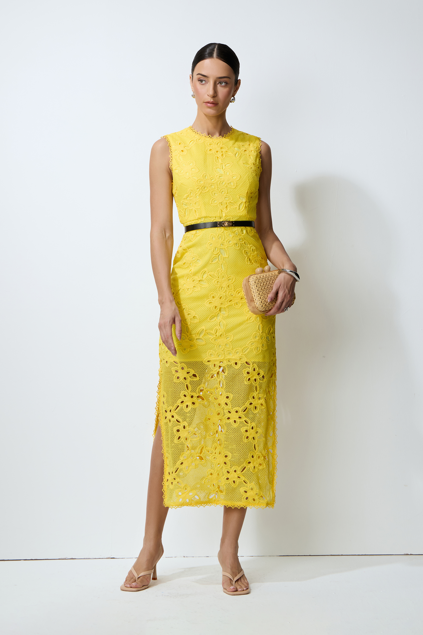 Warm Stillness Yellow Sleeveless Floral Lace Midi Dress