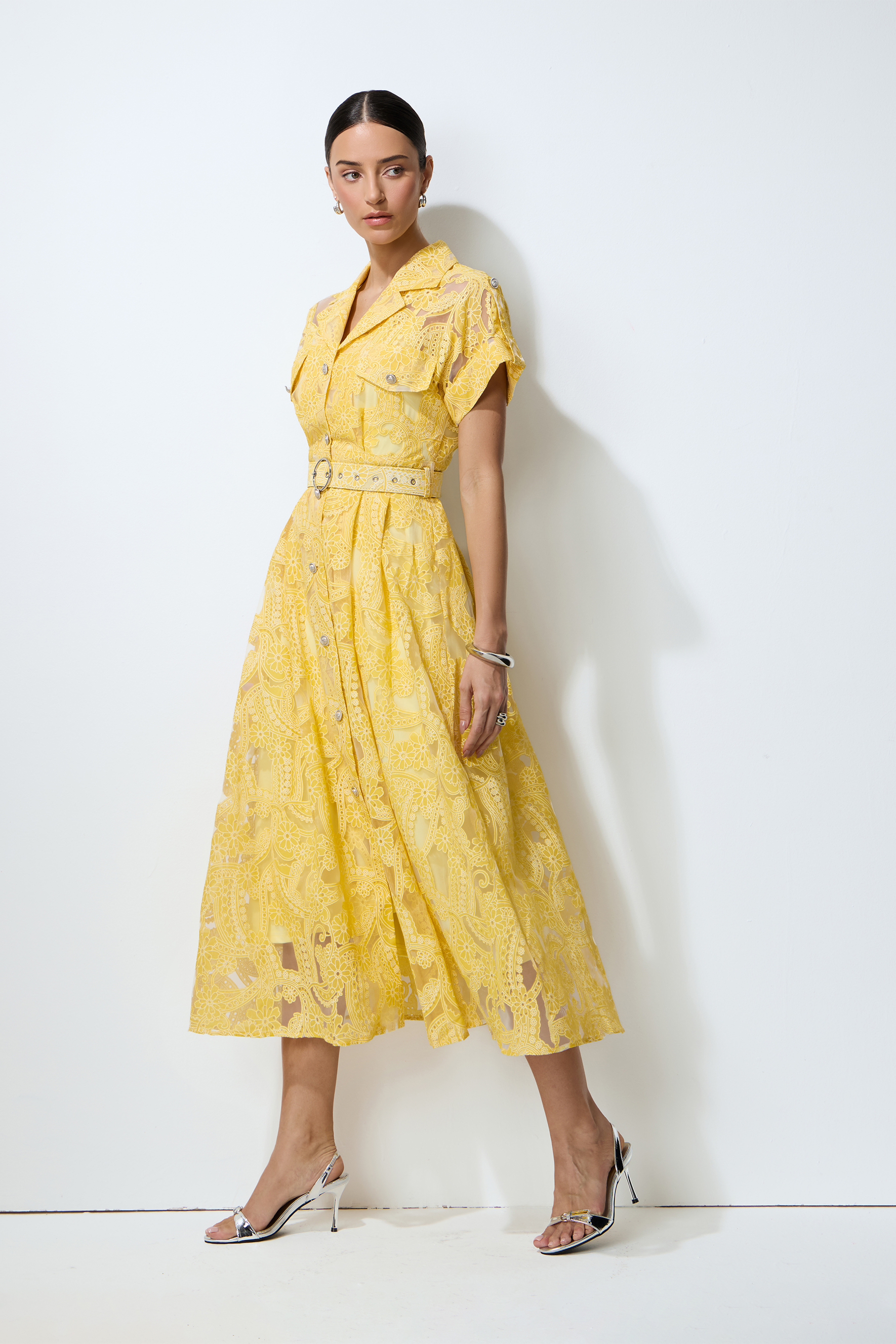 Endless Summer Yellow Sheer Floral Lace Midi Dress