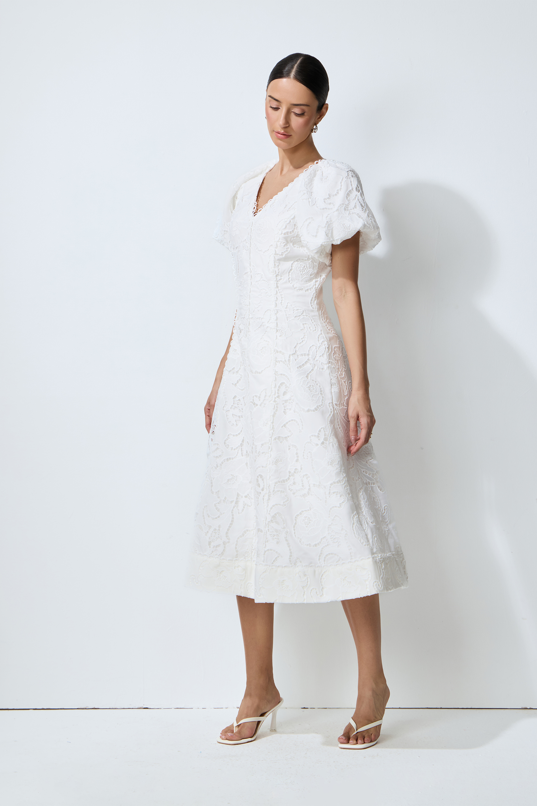 So Perfectly You White Lace Embroidery Puff Sleeve Midi Dress
