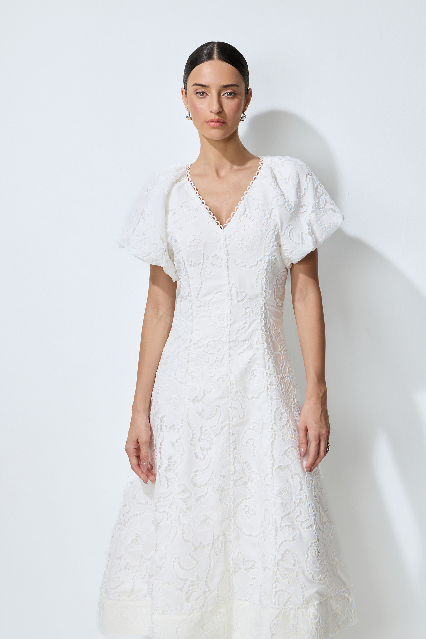So Perfectly You White Lace Embroidery Puff Sleeve Midi Dress