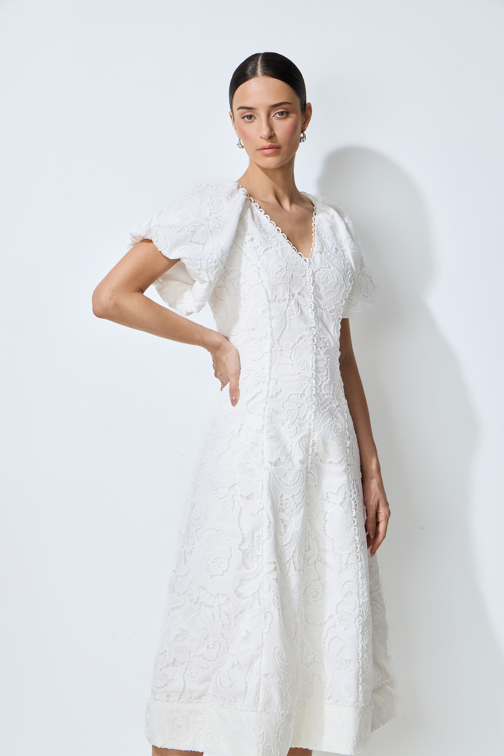 So Perfectly You White Lace Embroidery Puff Sleeve Midi Dress
