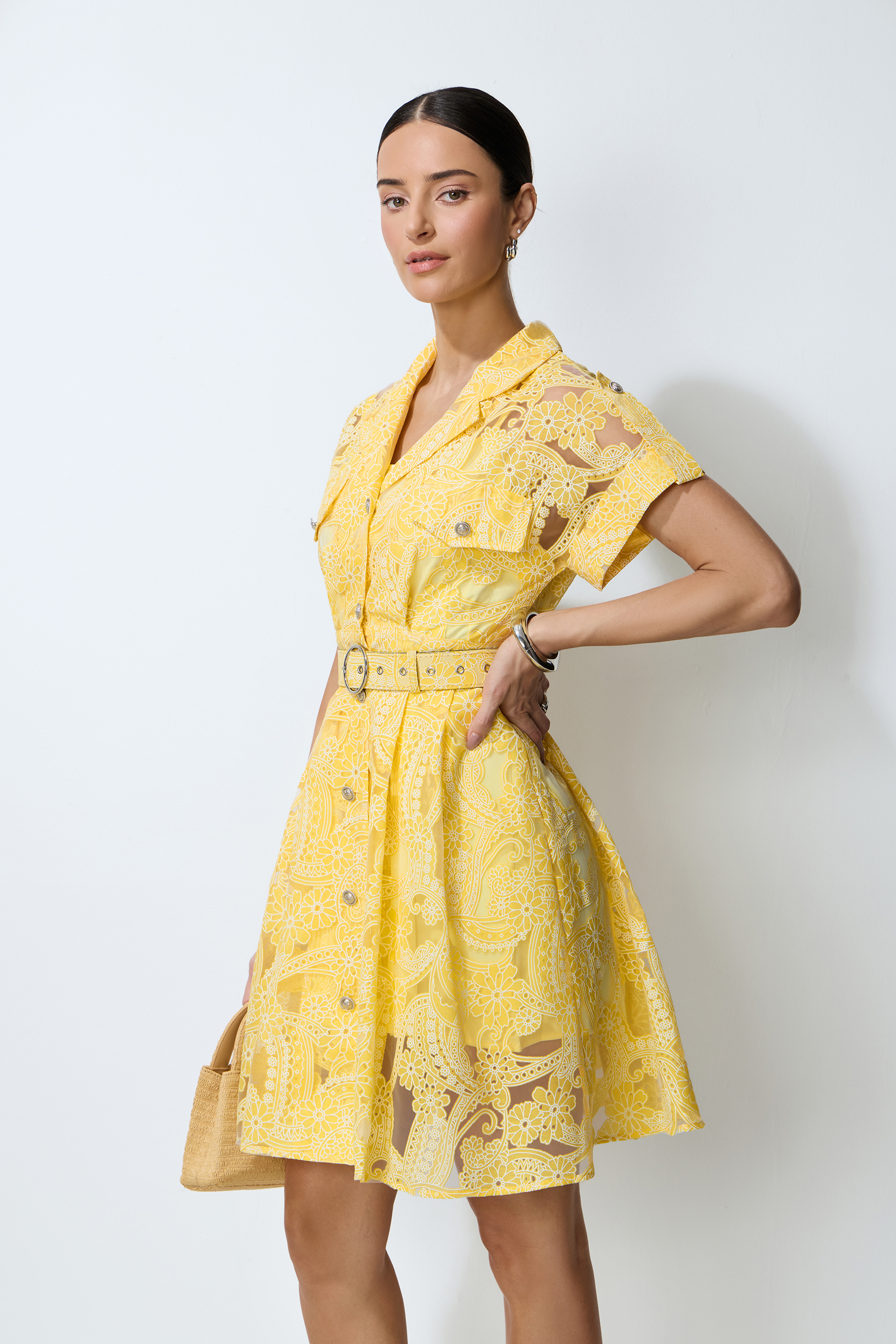 Endless Summer Yellow Sheer Floral Lace Mini Dress