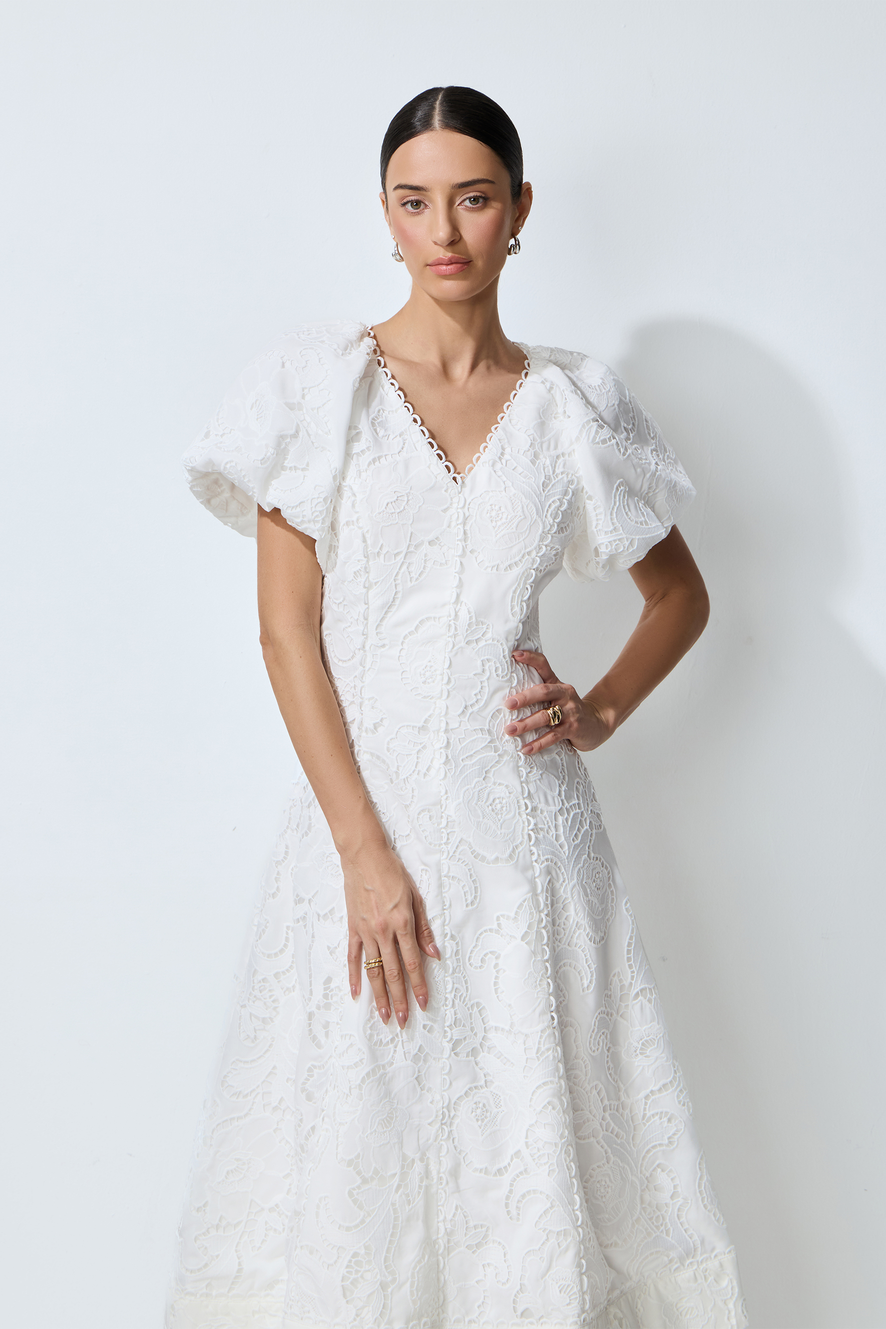 So Perfectly You White Lace Embroidery Puff Sleeve Midi Dress