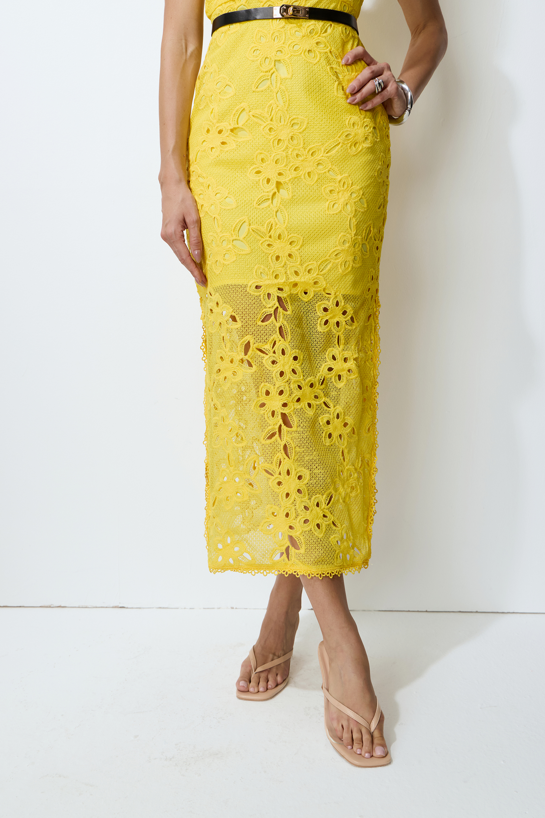 Warm Stillness Yellow Sleeveless Floral Lace Midi Dress