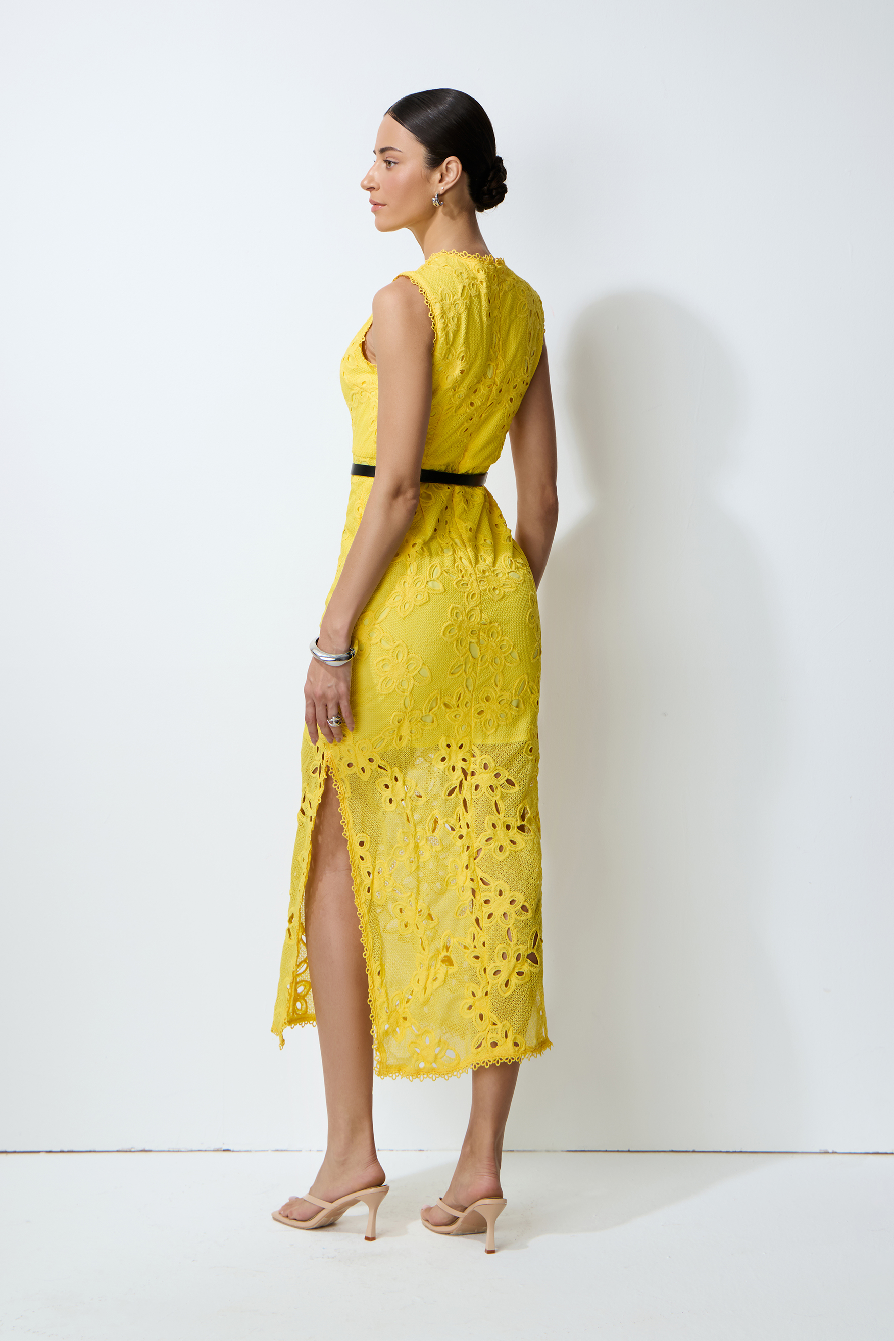 Warm Stillness Yellow Sleeveless Floral Lace Midi Dress