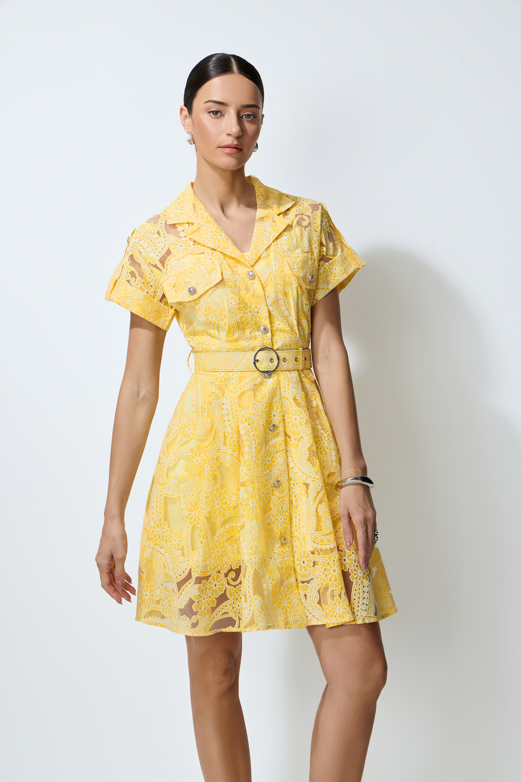 Endless Summer Yellow Sheer Floral Lace Mini Dress