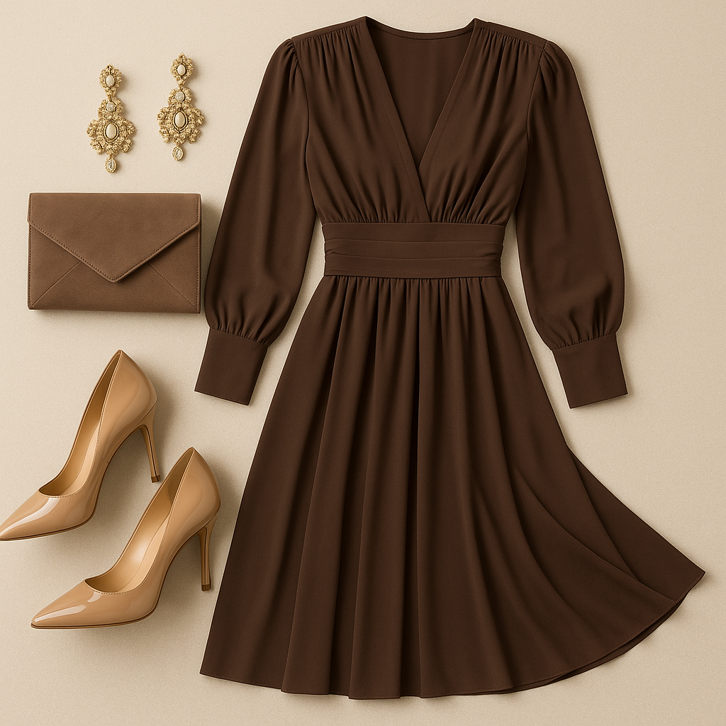 Accessories for styling a deep v neck long sleeve maxi dress.
