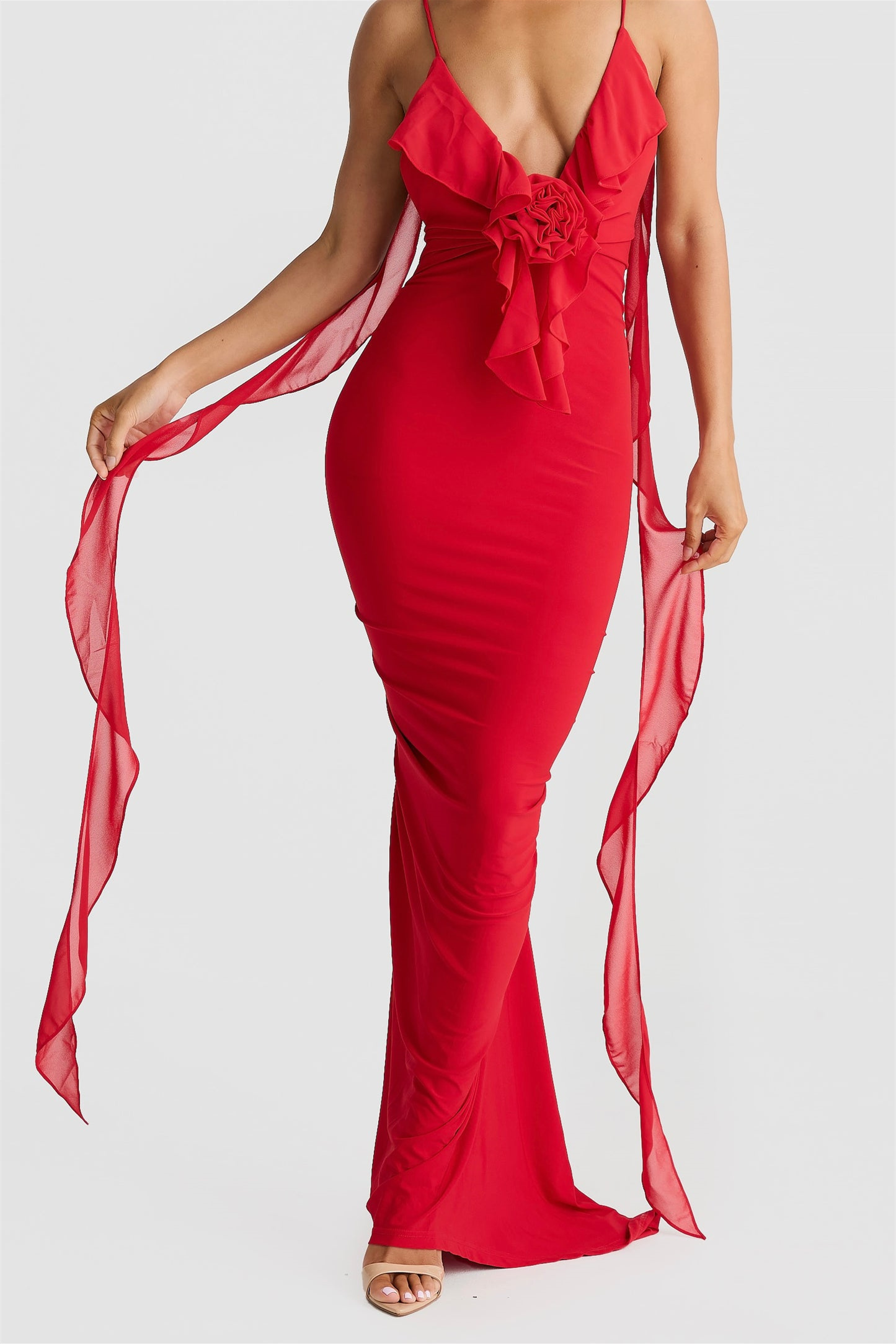 Cornelia Ruffle Floral Appliqué Maxi Dress-Sunfere