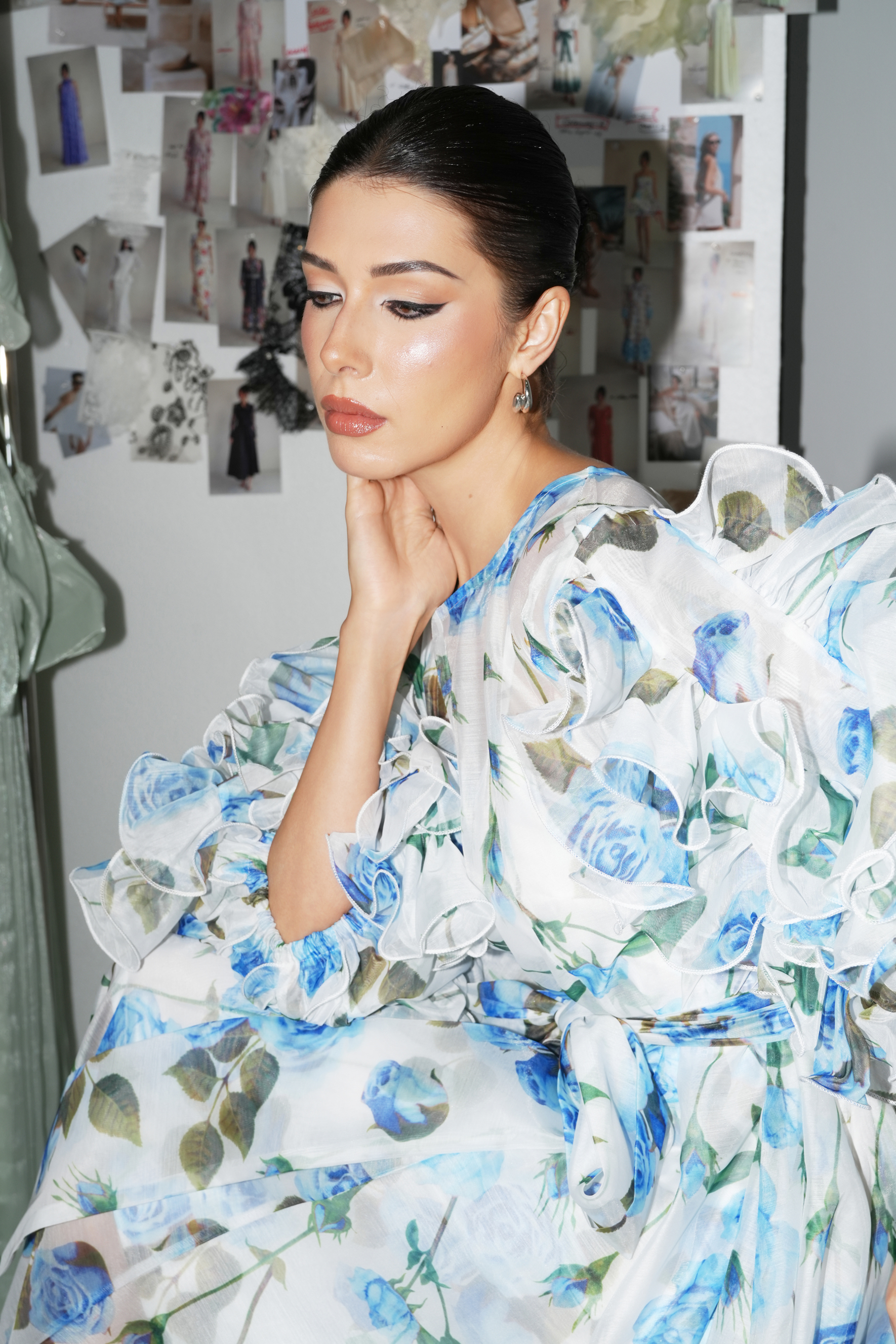 Dreaming in Color Blue Rose Print Ruffled Sleeve Maxi Dress