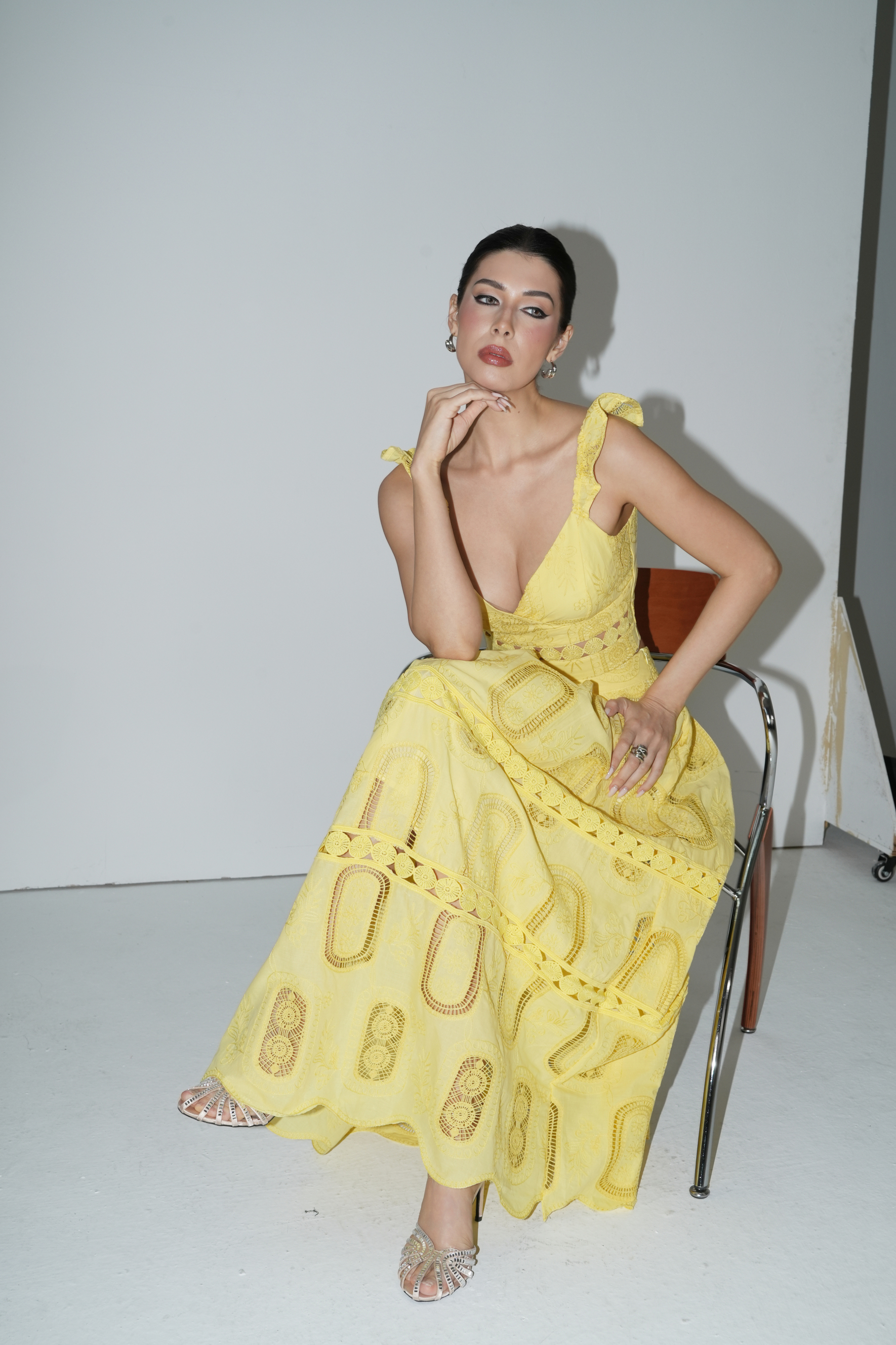 Bright Season Yellow Embroidered Lace Ruffle Top & Skirt Set