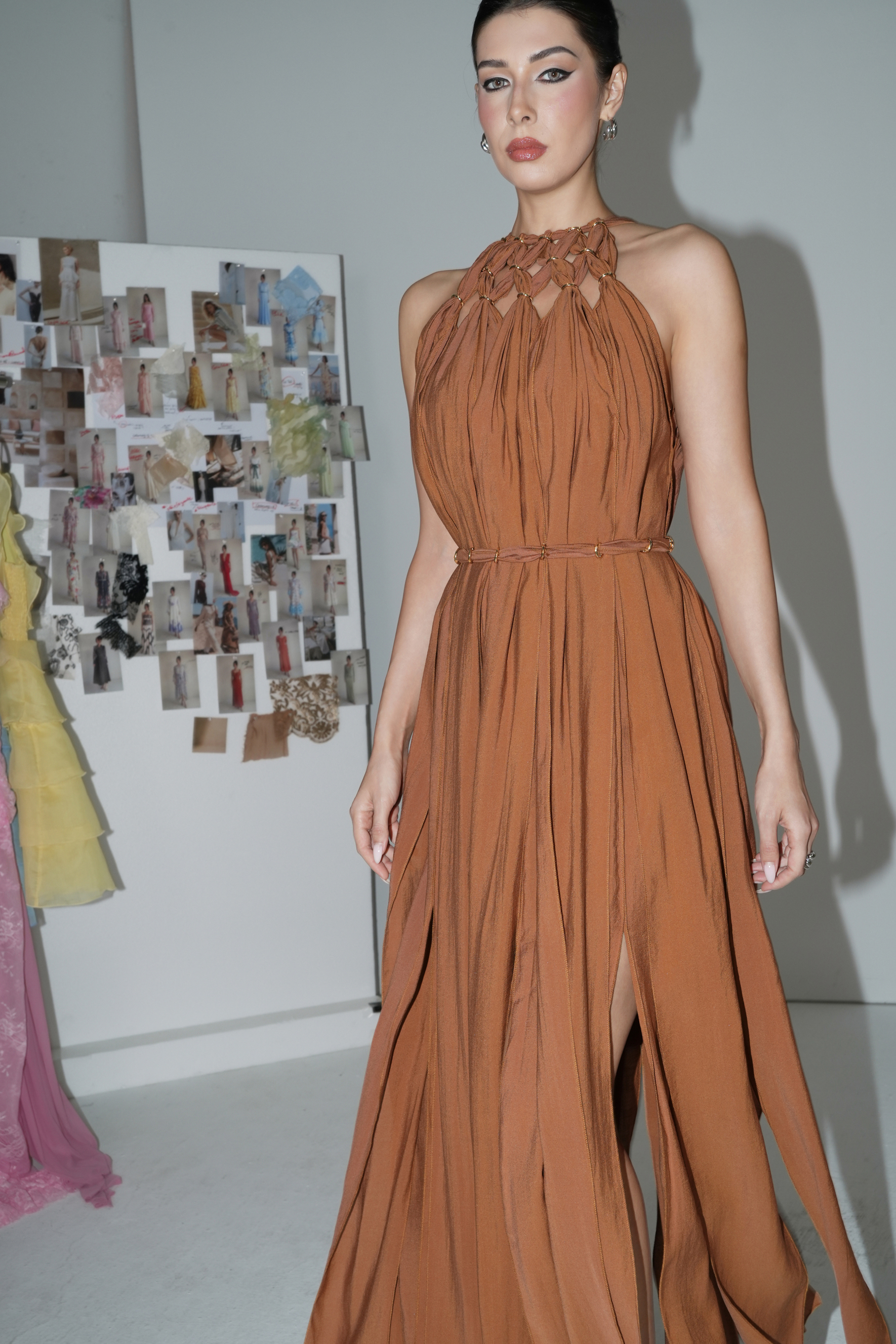 Style Unlocked Brown Knotted Draped Maxi Dress