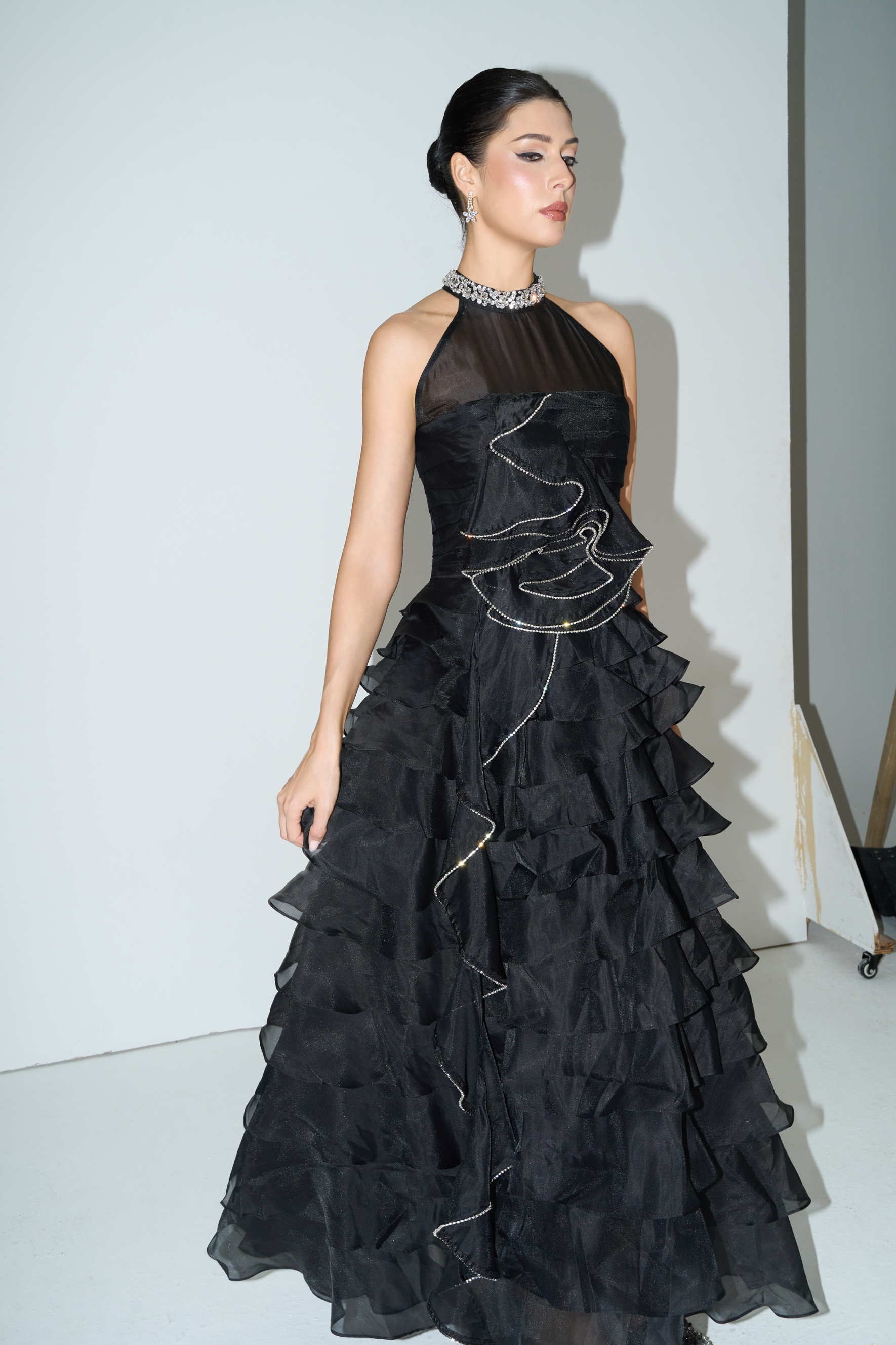 Love You So Black Embellished Tiered Ruffle Maxi Dress