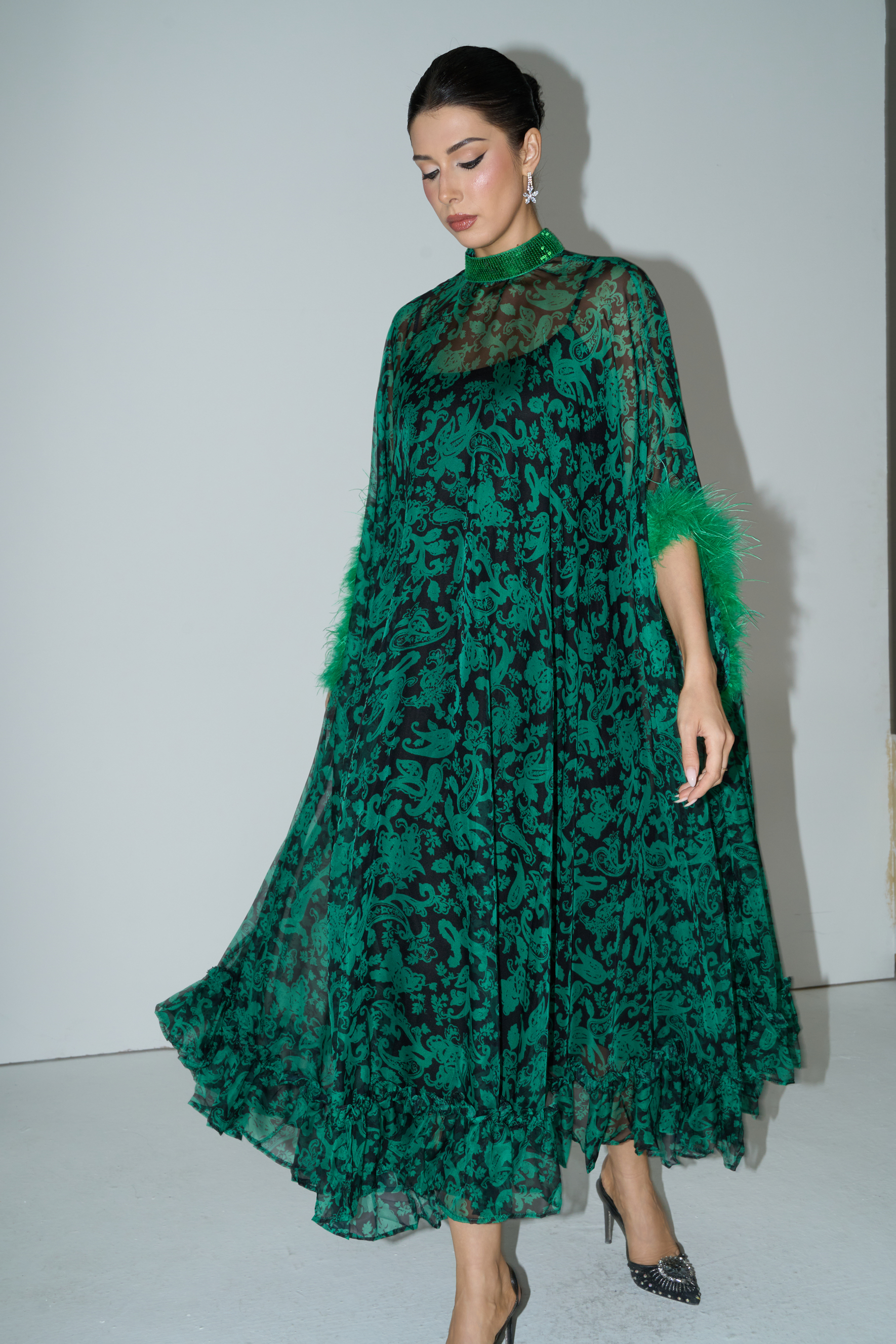 Real Allure Green Paisley Print Feather Trim Maxi Dress