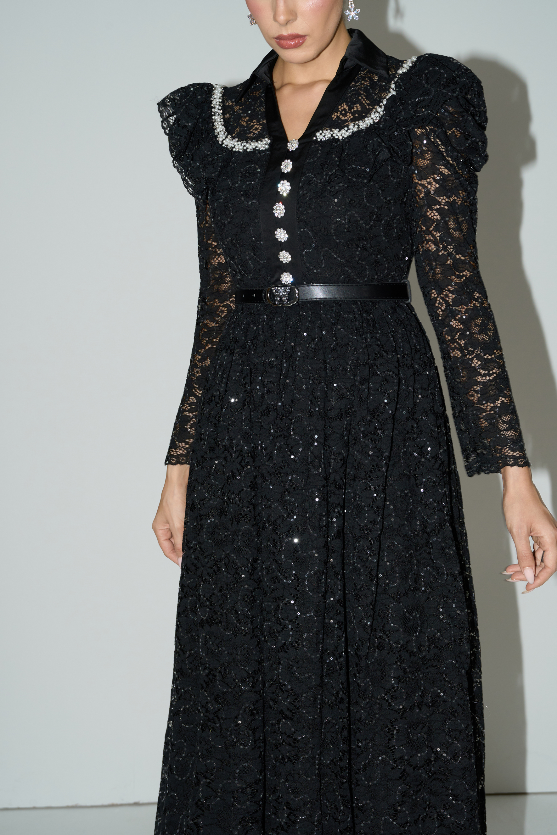 Illustrious Glow Black Sequin Lace Puff Sleeve Maxi Dress