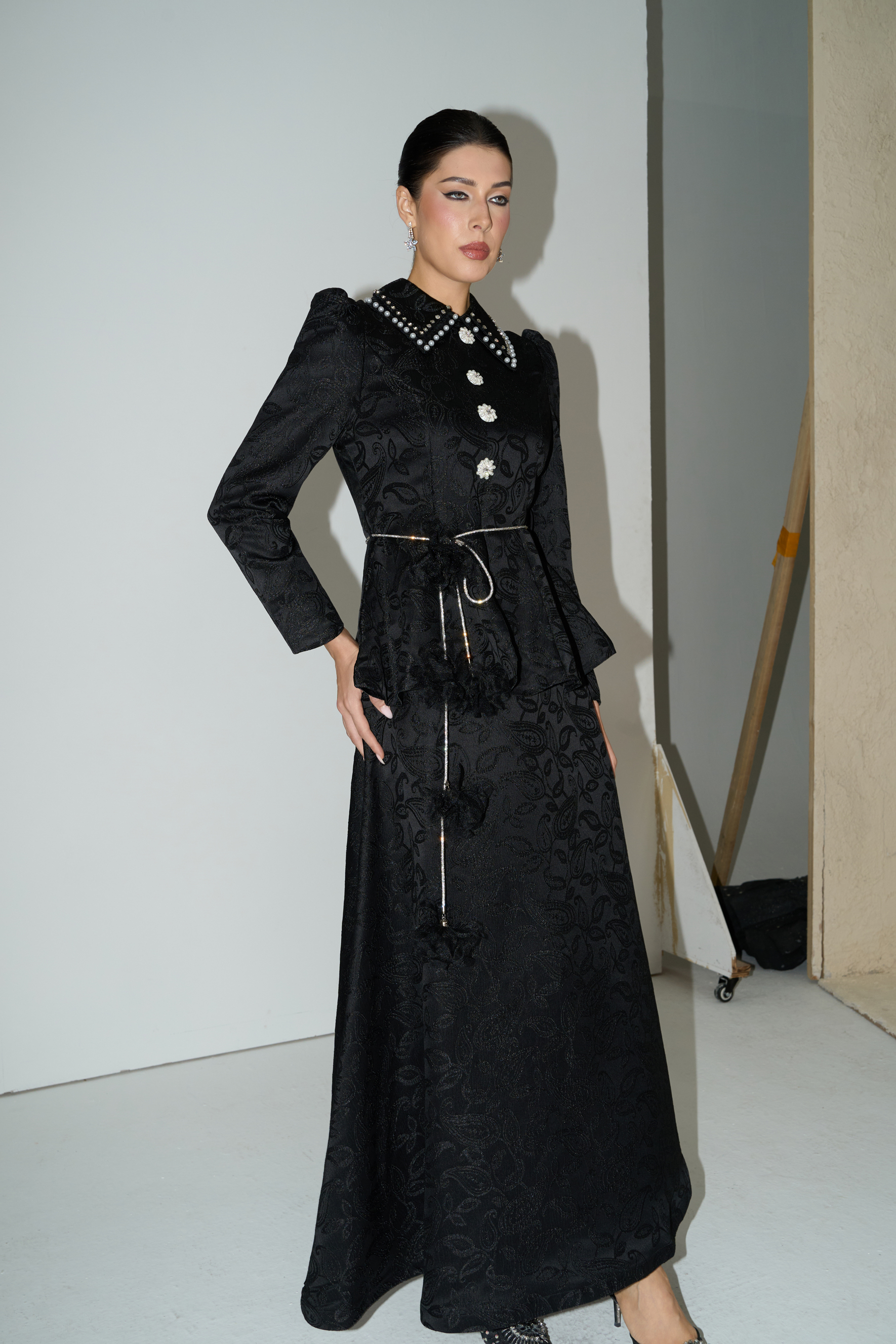 Romantically Speaking Black Pearl Embellished Collar Top & Skirt Set