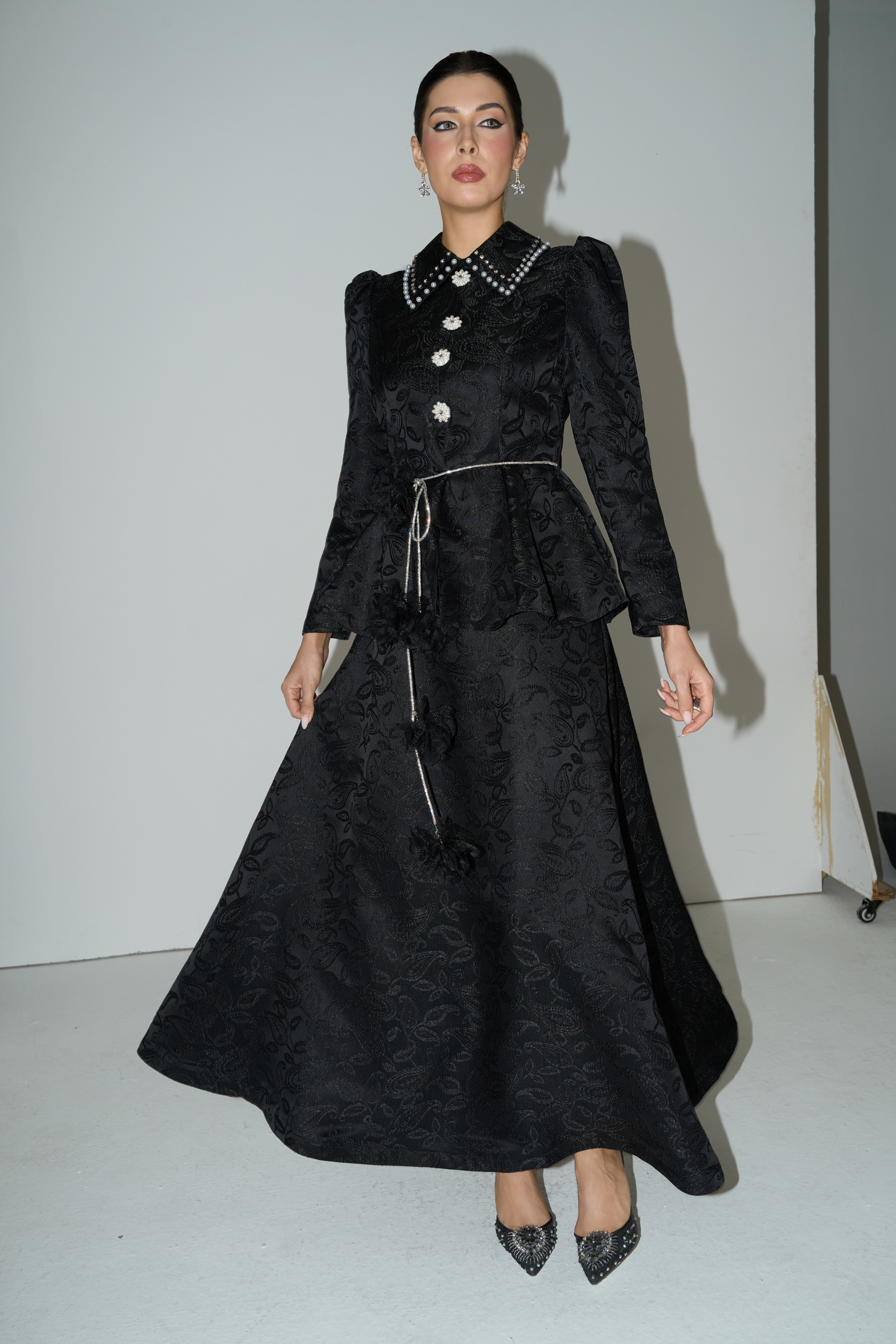 Romantically Speaking Black Pearl Embellished Collar Top & Skirt Set