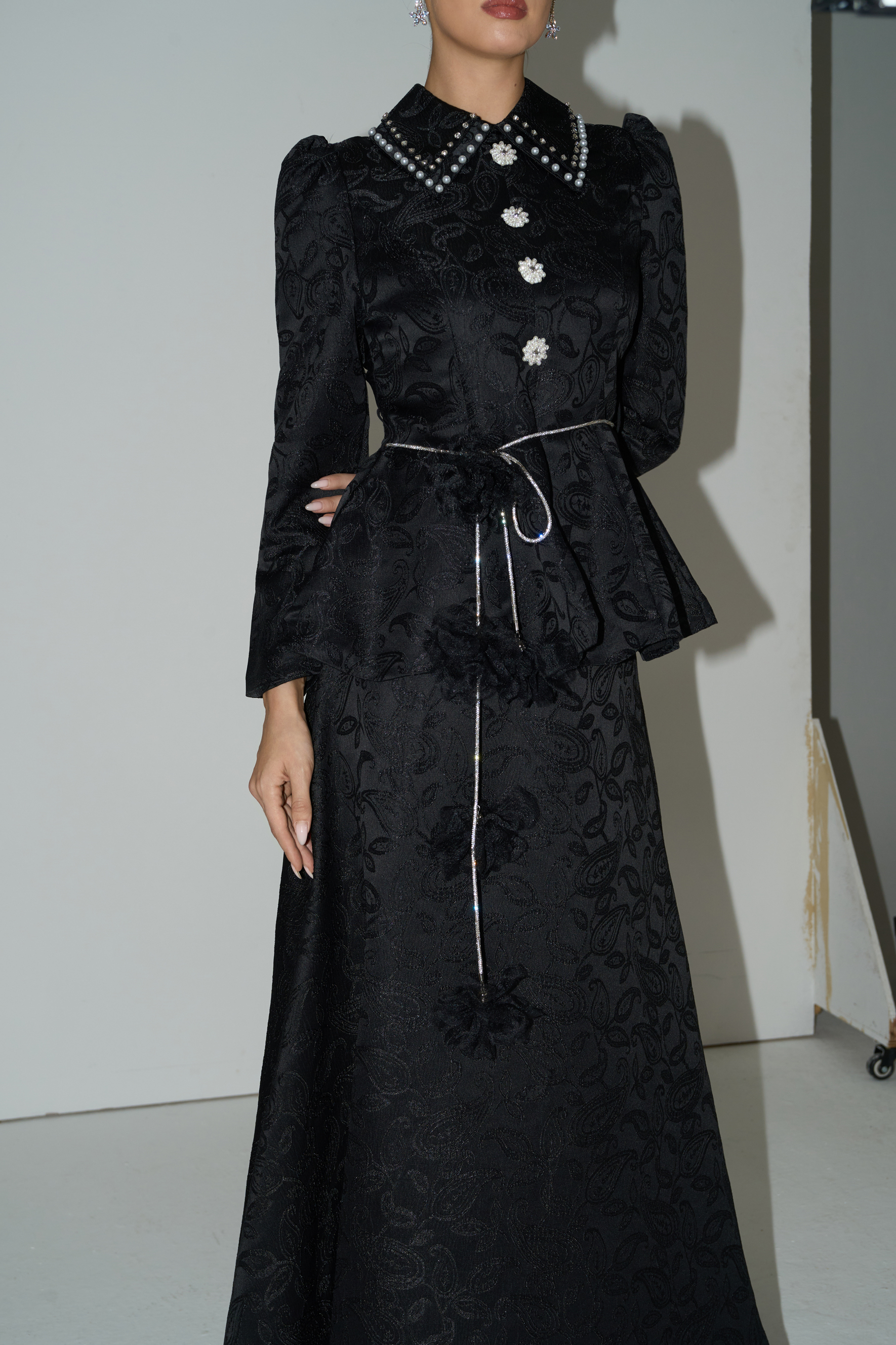 Romantically Speaking Black Pearl Embellished Collar Top & Skirt Set