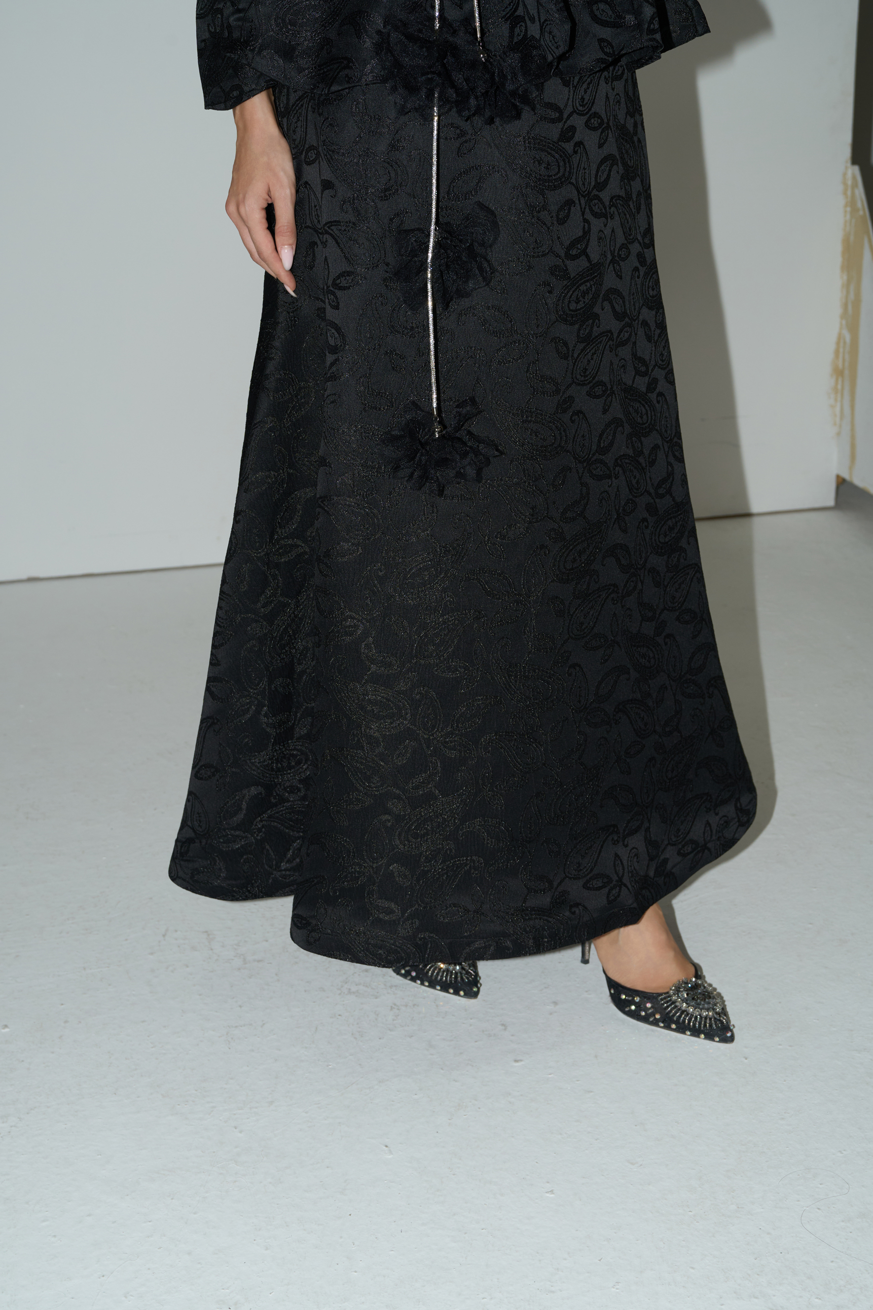 Romantically Speaking Black Pearl Embellished Collar Top & Skirt Set