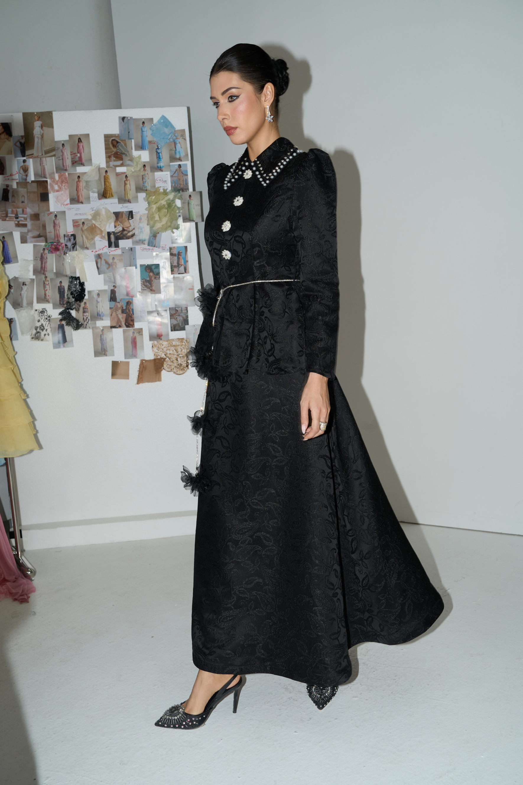 Romantically Speaking Black Pearl Embellished Collar Top & Skirt Set