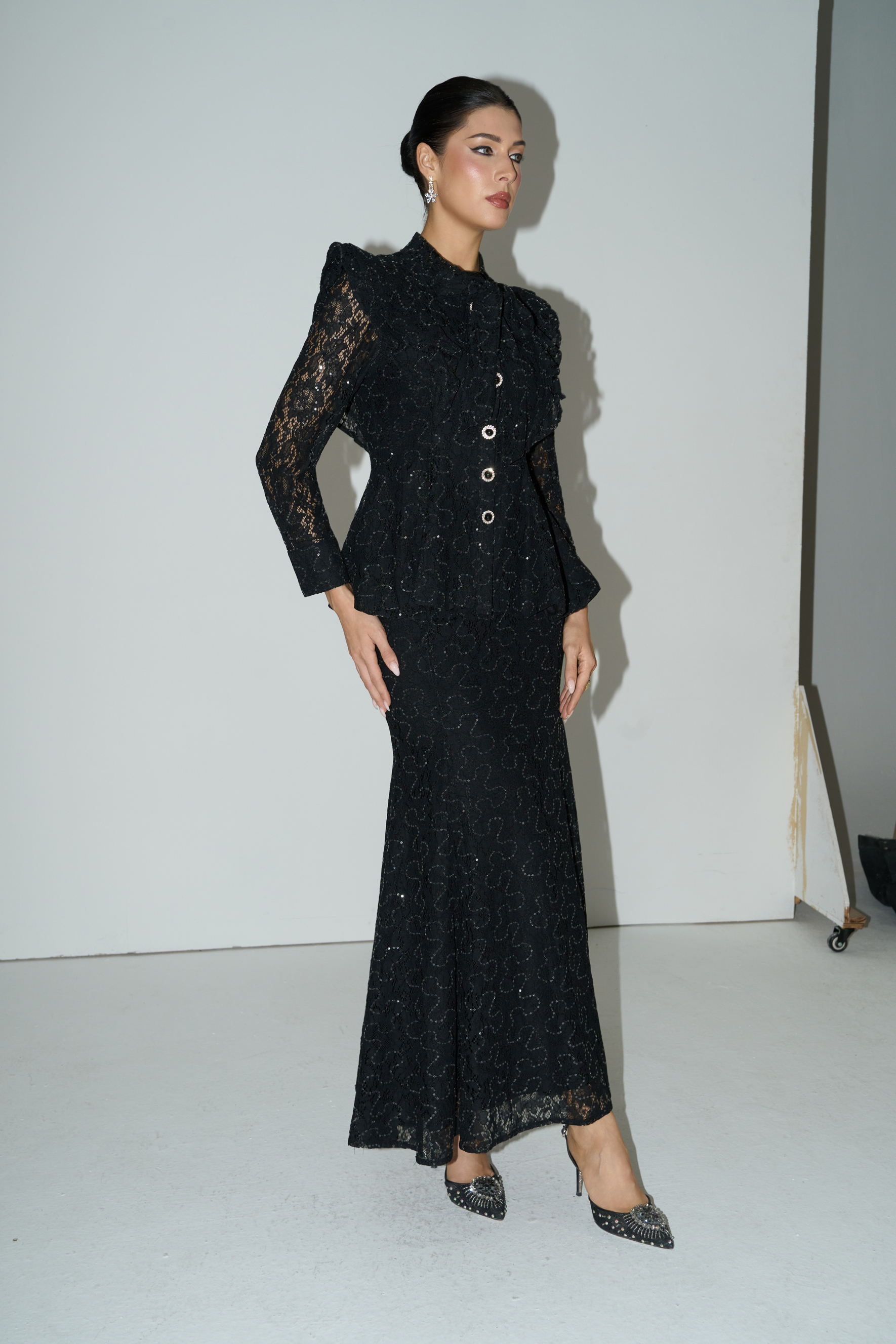 Moment Maker Black Embellished Lace Ruffle Shoulder Top & Skirt Set