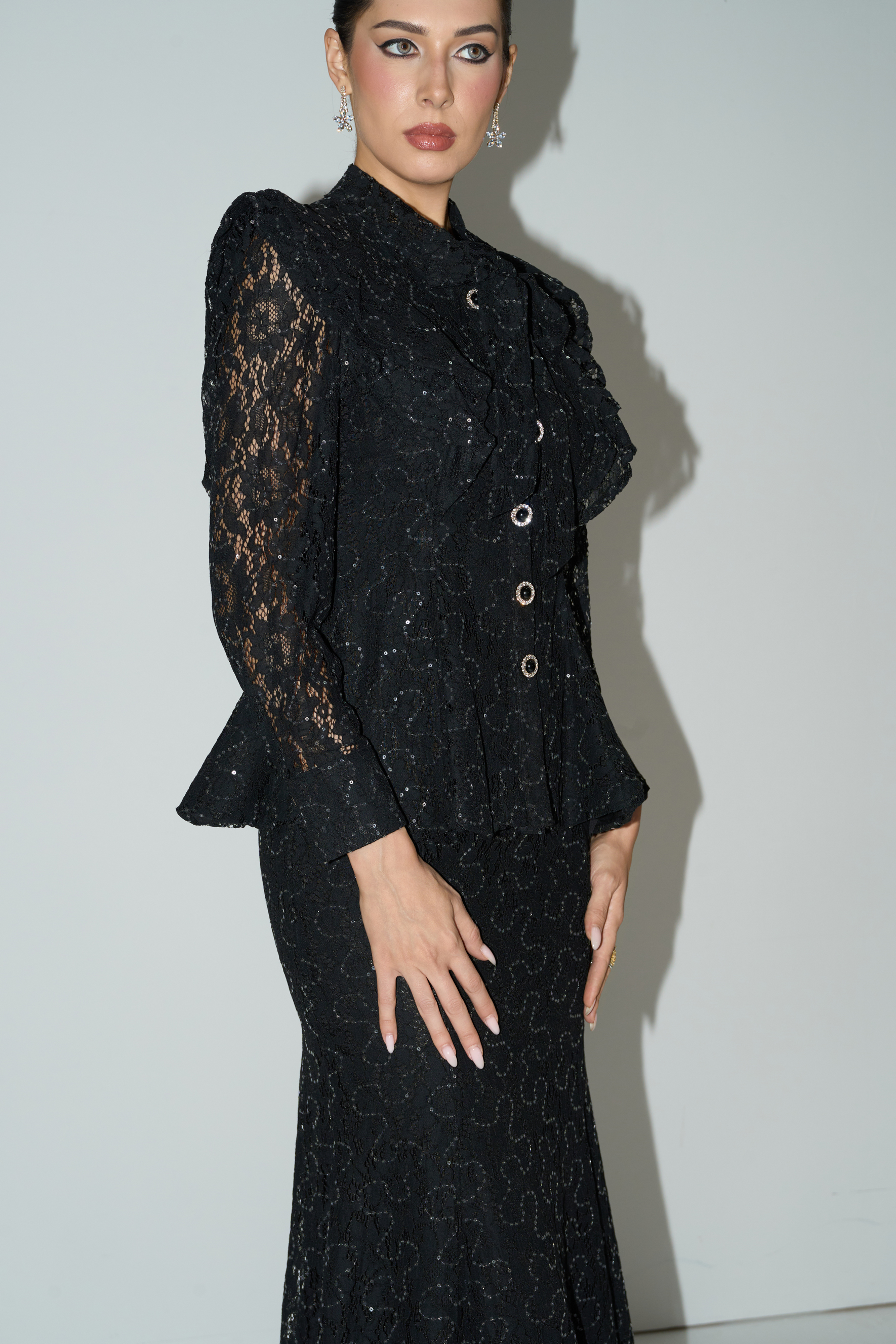 Moment Maker Black Embellished Lace Ruffle Shoulder Top & Skirt Set