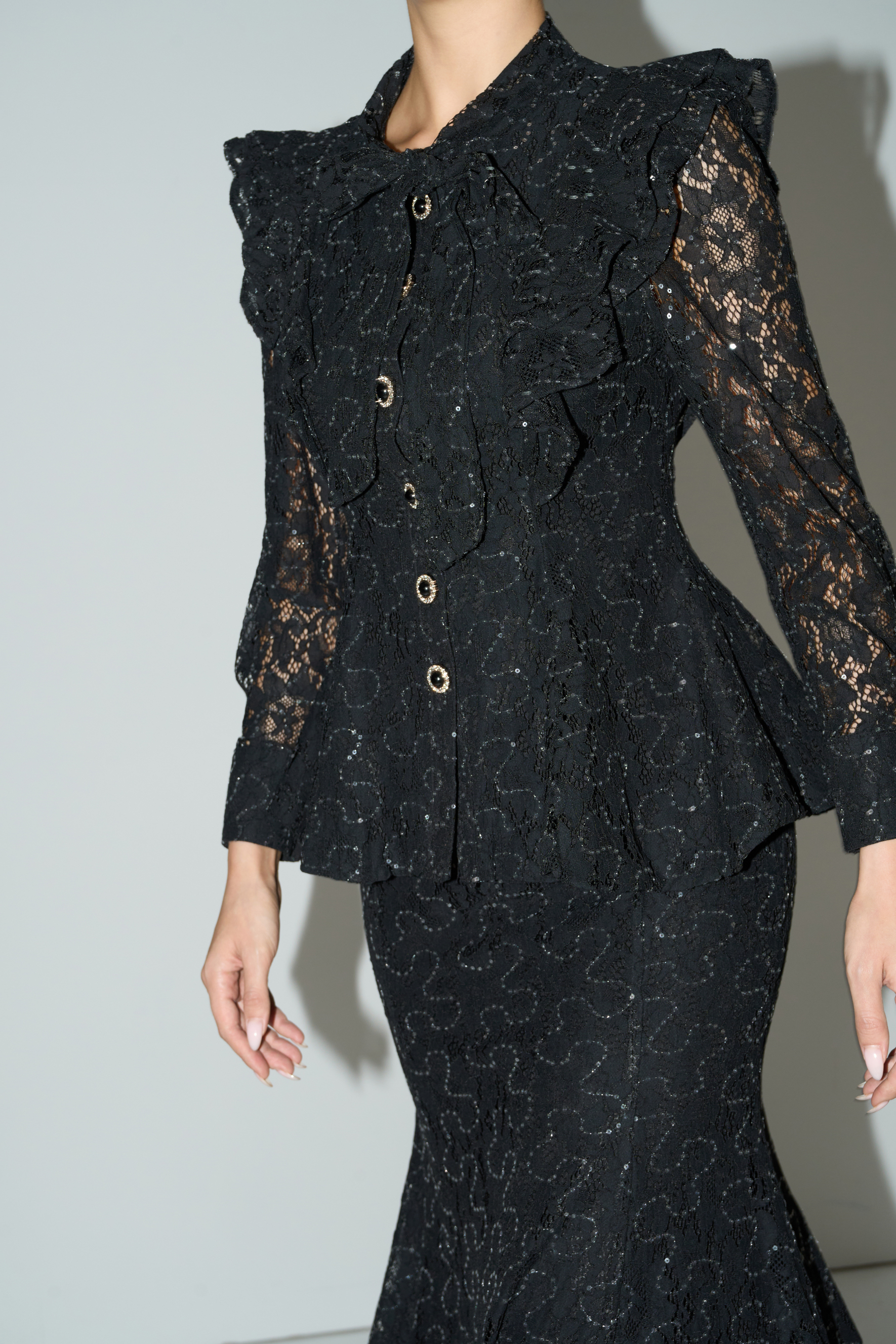 Moment Maker Black Embellished Lace Ruffle Shoulder Top & Skirt Set