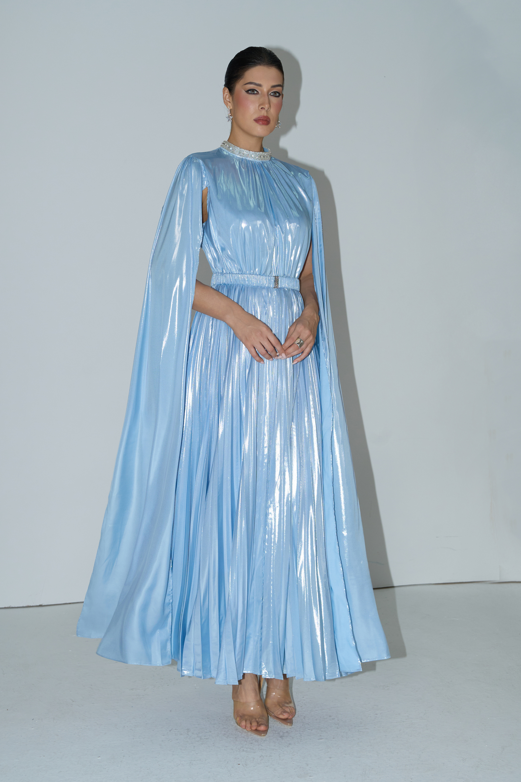 Starlit Shores Blue Cape Sleeve Pleated Maxi Dress