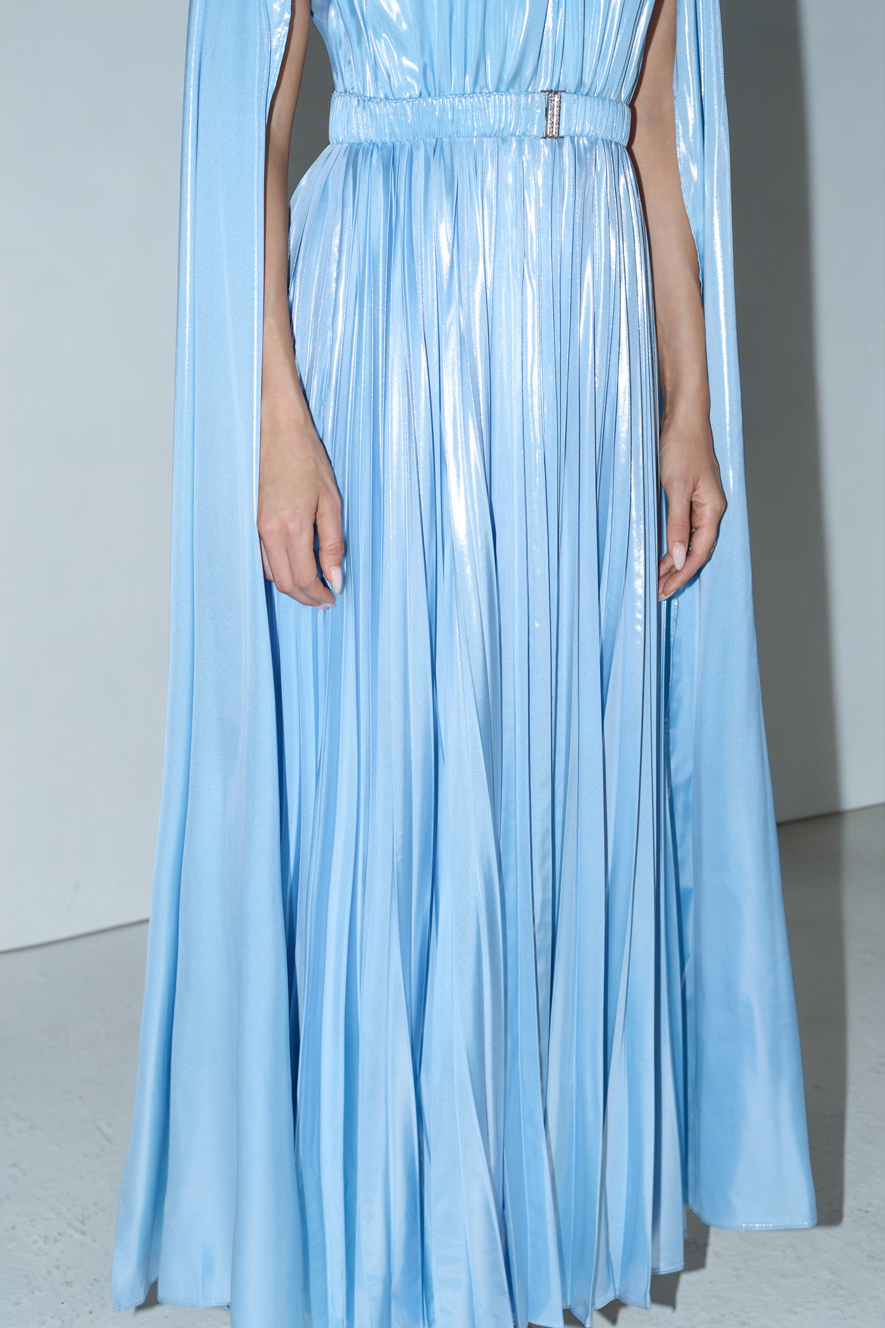 Starlit Shores Blue Cape Sleeve Pleated Maxi Dress