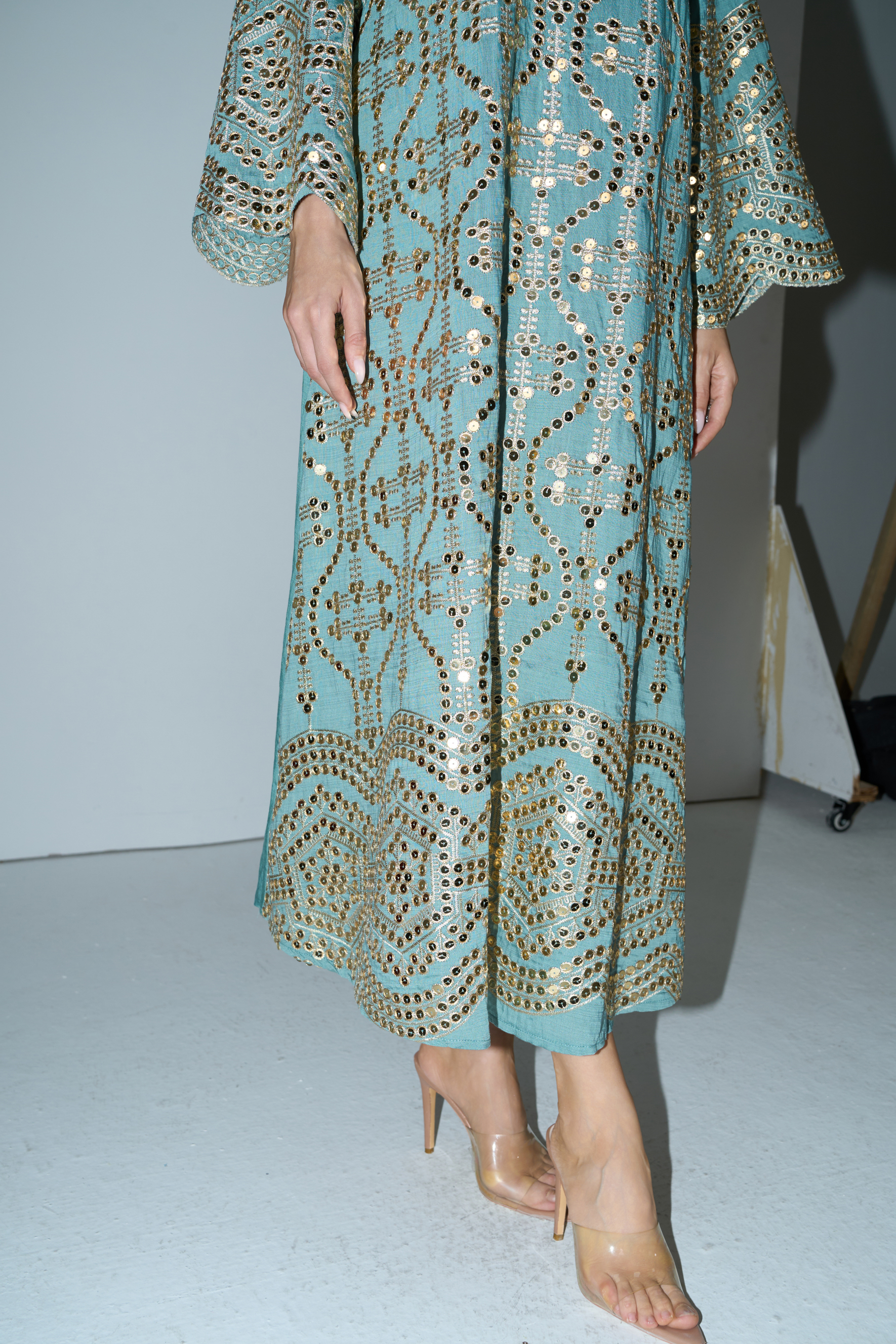 Easily Gorgeous Green Sequin Embroidered Long Sleeve Maxi Kaftan
