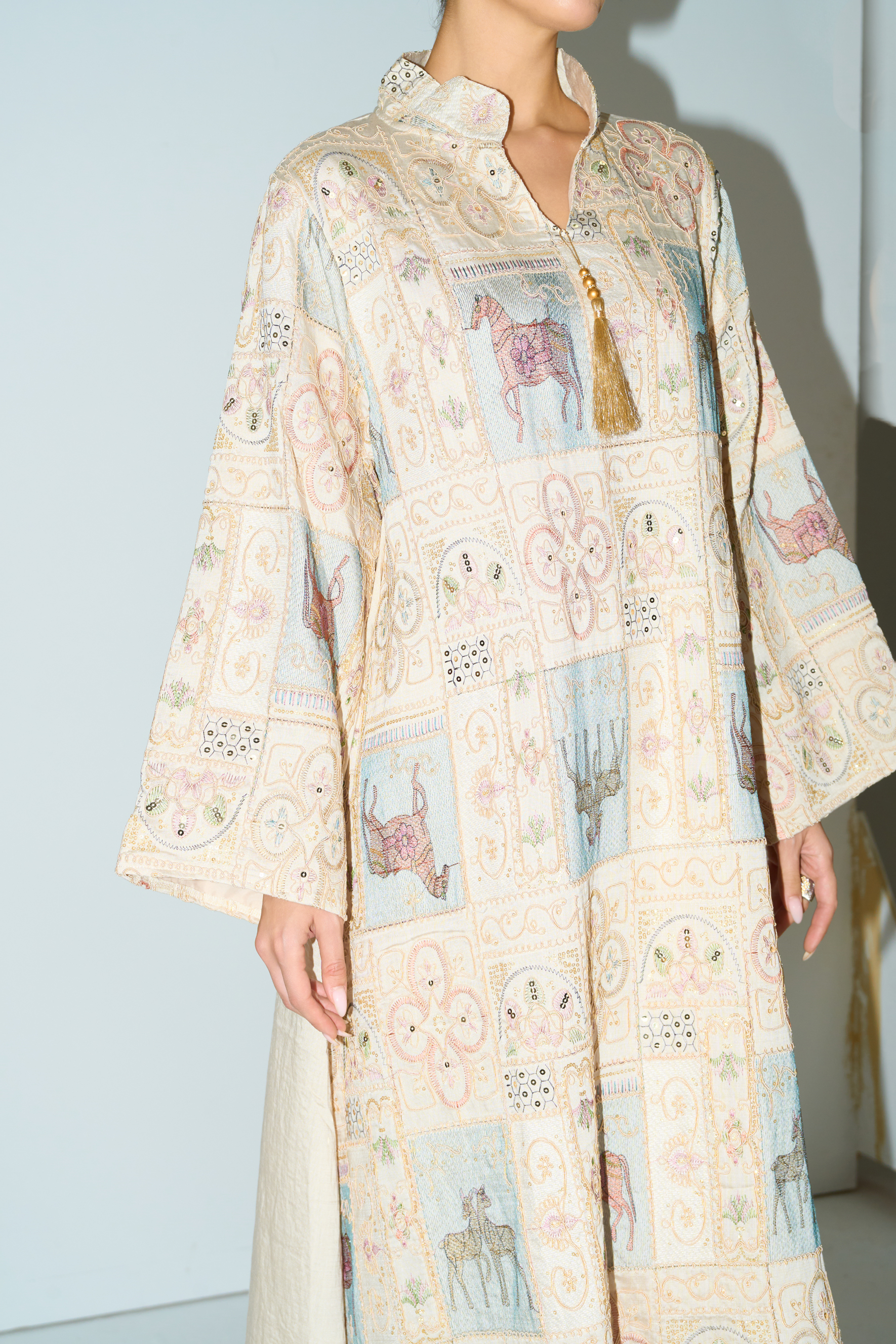 Refined Attitude Apricot Embroidered Animal Bell Sleeve Maxi Kaftan