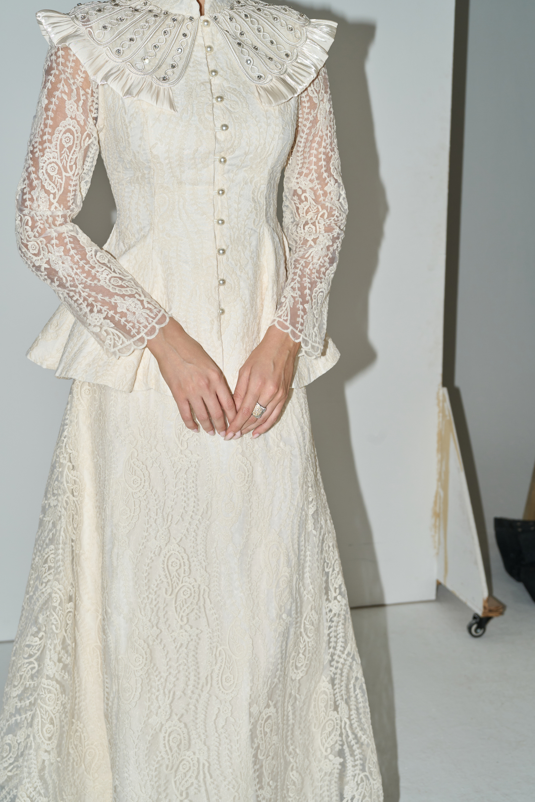 All My Adoration Beige Embroidered Lace Sheer Sleeve Top & Skirt Set
